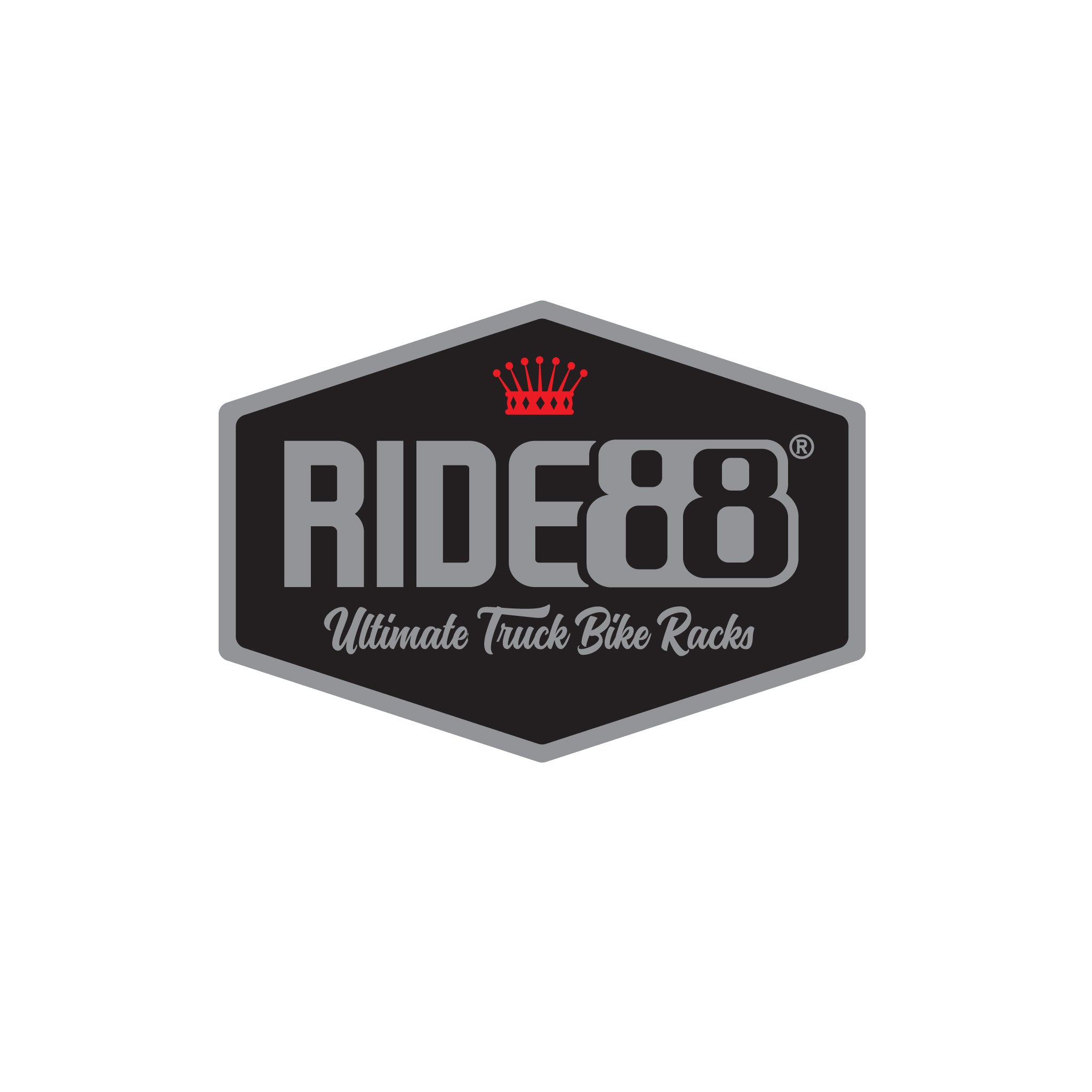 RIDE88 logo sticker with hexagonal black background, red crown, and text reading “RIDE88 Ultimate Truck Bike Racks.”