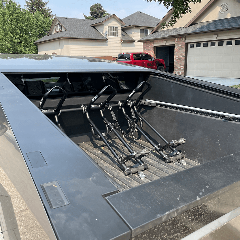Bike racks mounted to the bed of the truck bed using QR3 Bike Rack for Cybertruck.

Tesla Cybertruck QR3