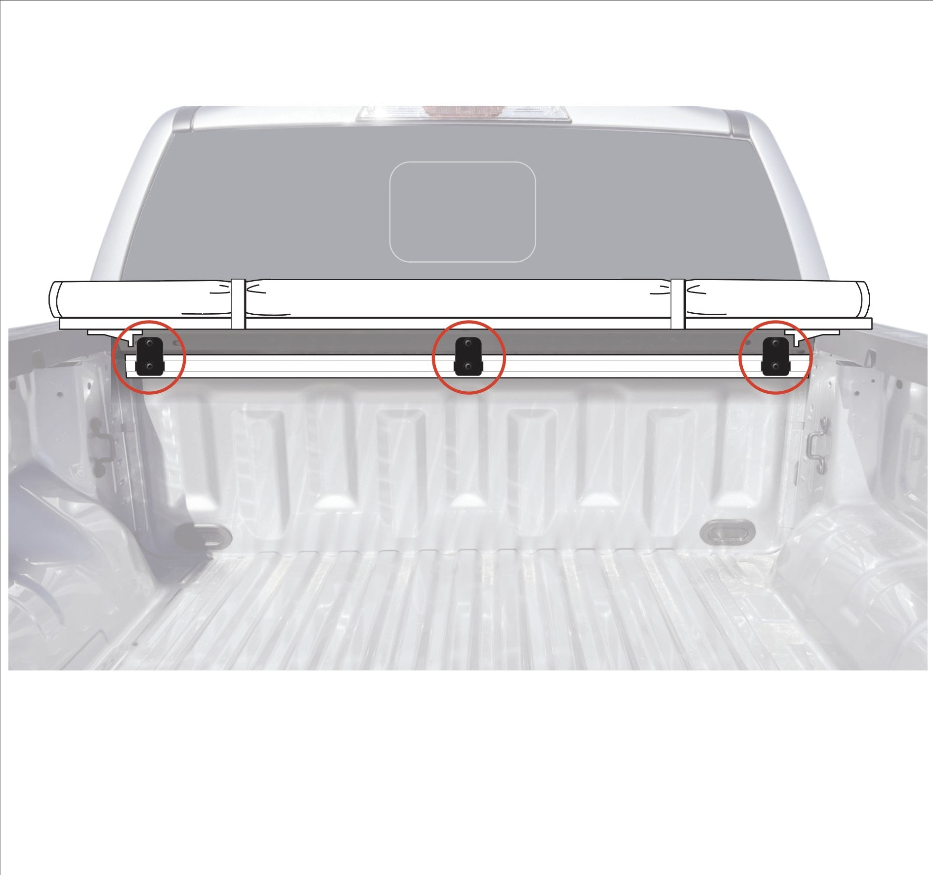 Three RIDE88 Ford Ranger Drop Brackets lowering a utility track out of the way of a bed cover in a truck bed.