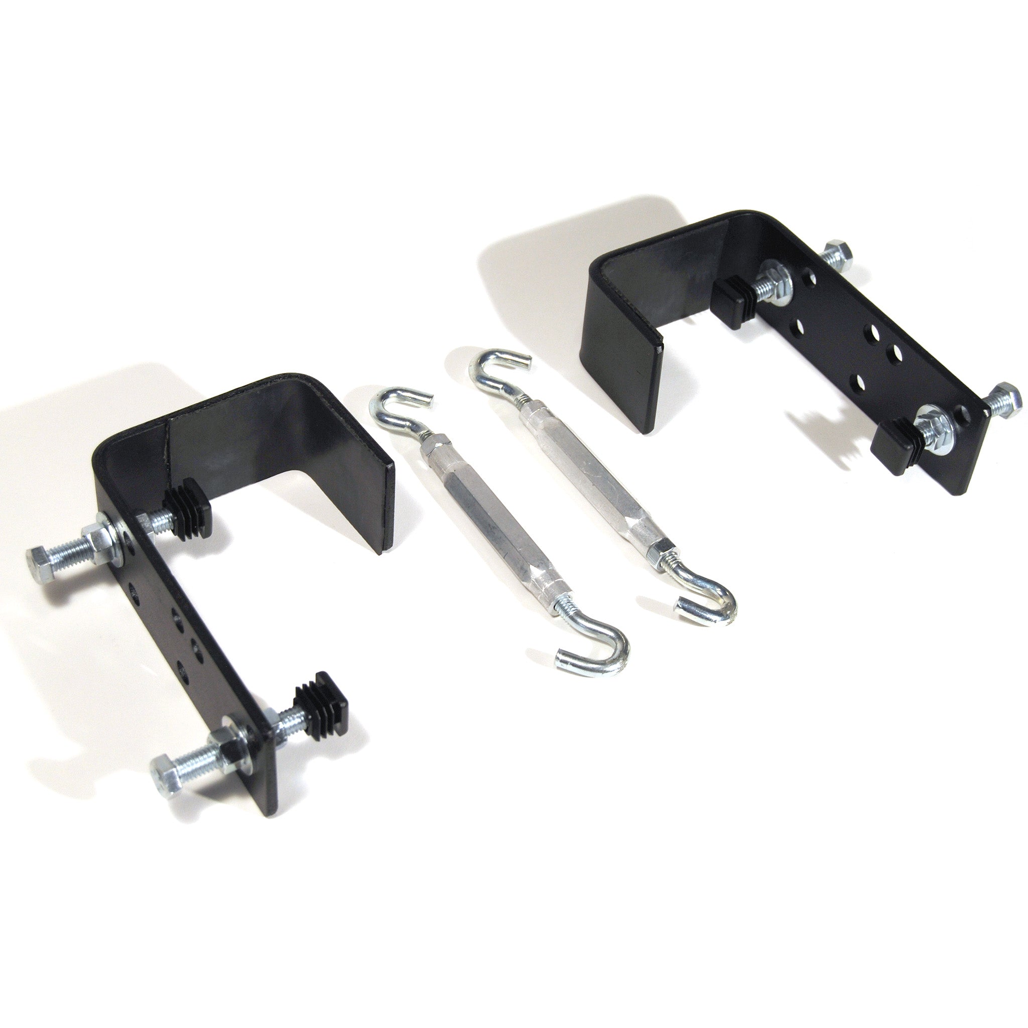 Two angled black brackets with bolts and other hardware attached.