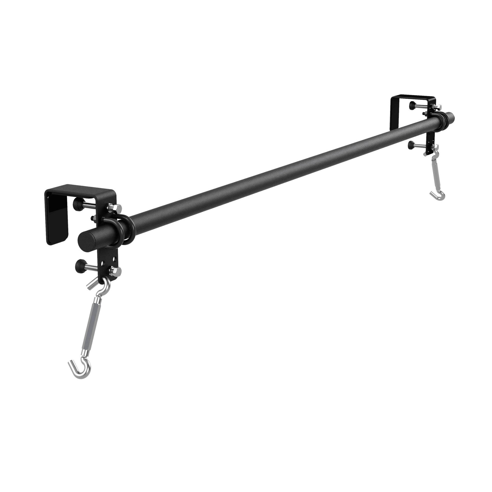 Crossbar tube with adjustable Hanger Brackets and tension hooks on either side.