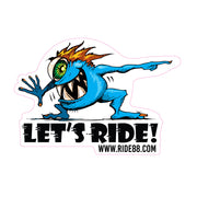 RIDE88 ‘Let’s Ride!’ sticker featuring blue monster mascot with green eye and orange hair.