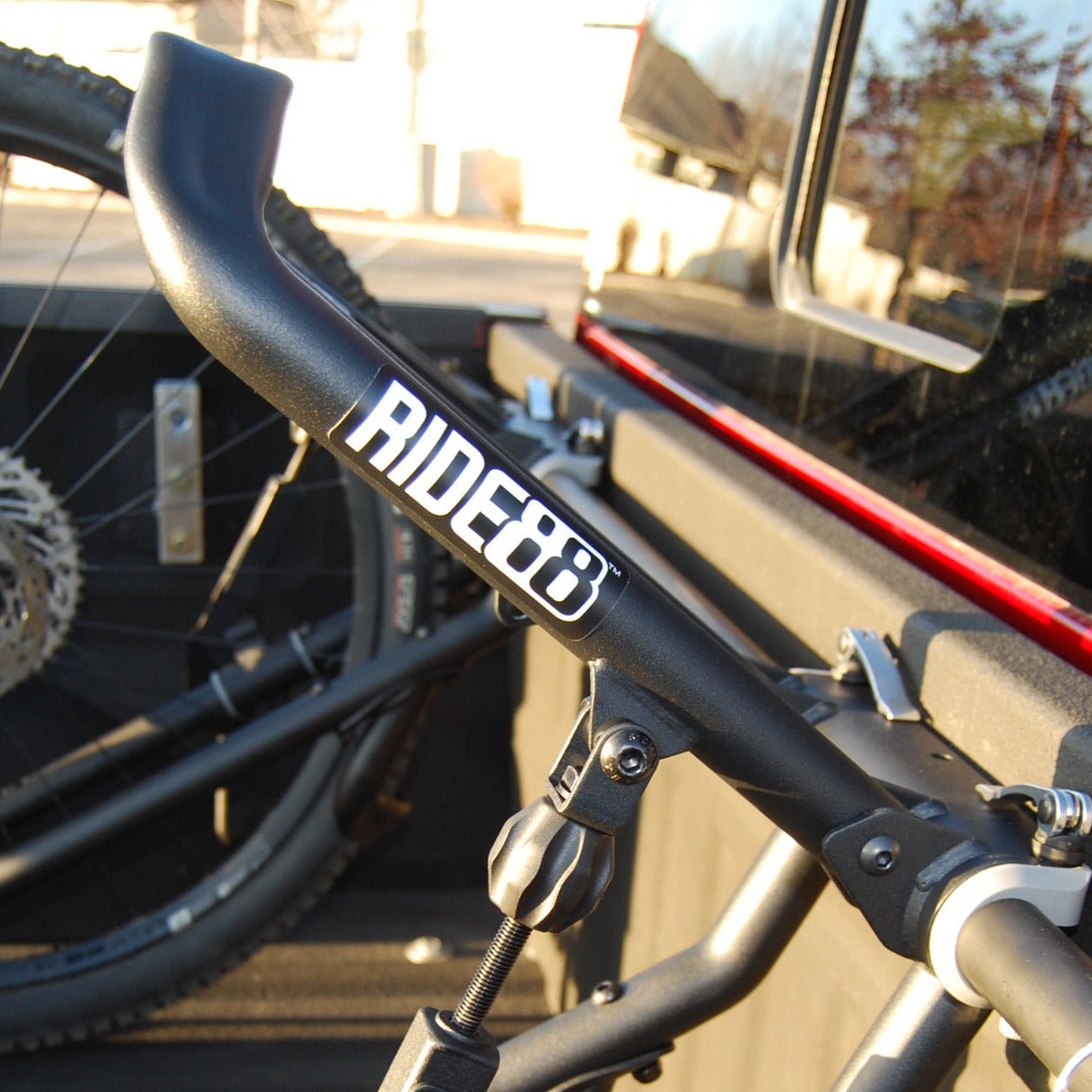 RIDE88 logo sticker on a QR3 Bike Rack; featuring bold black and white lettering, displaying the RIDE88 brand name in a rectangular design.