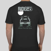 Back of a black RIDE88 t-shirt featuring a graphic of a truck carrying bikes with the RIDE88 logo and text reading “Ultimate Truck Bike Racks.”