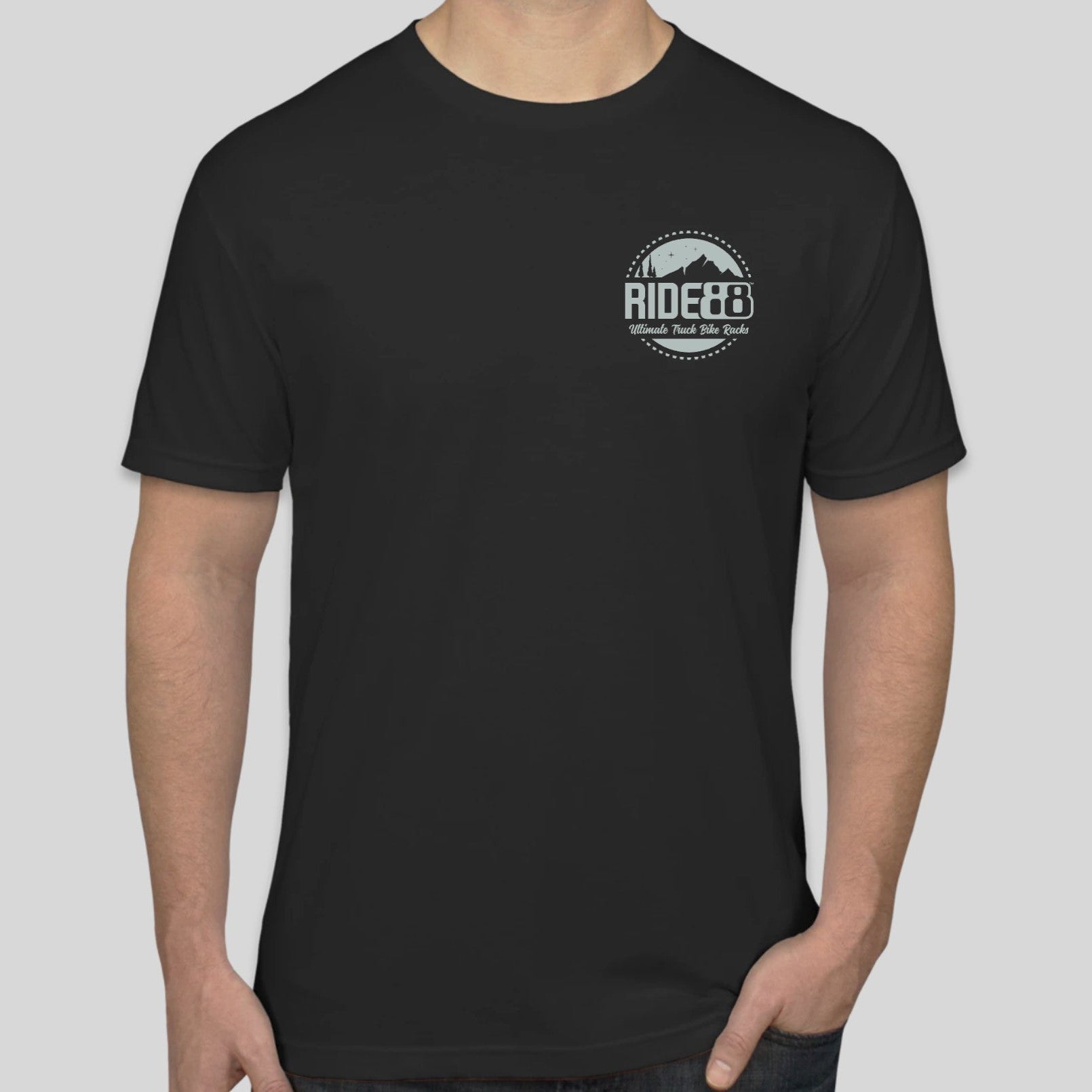 Black RIDE88 t-shirt with small front logo featuring mountain design and the text “RIDE88 Ultimate Truck Bike Racks.”