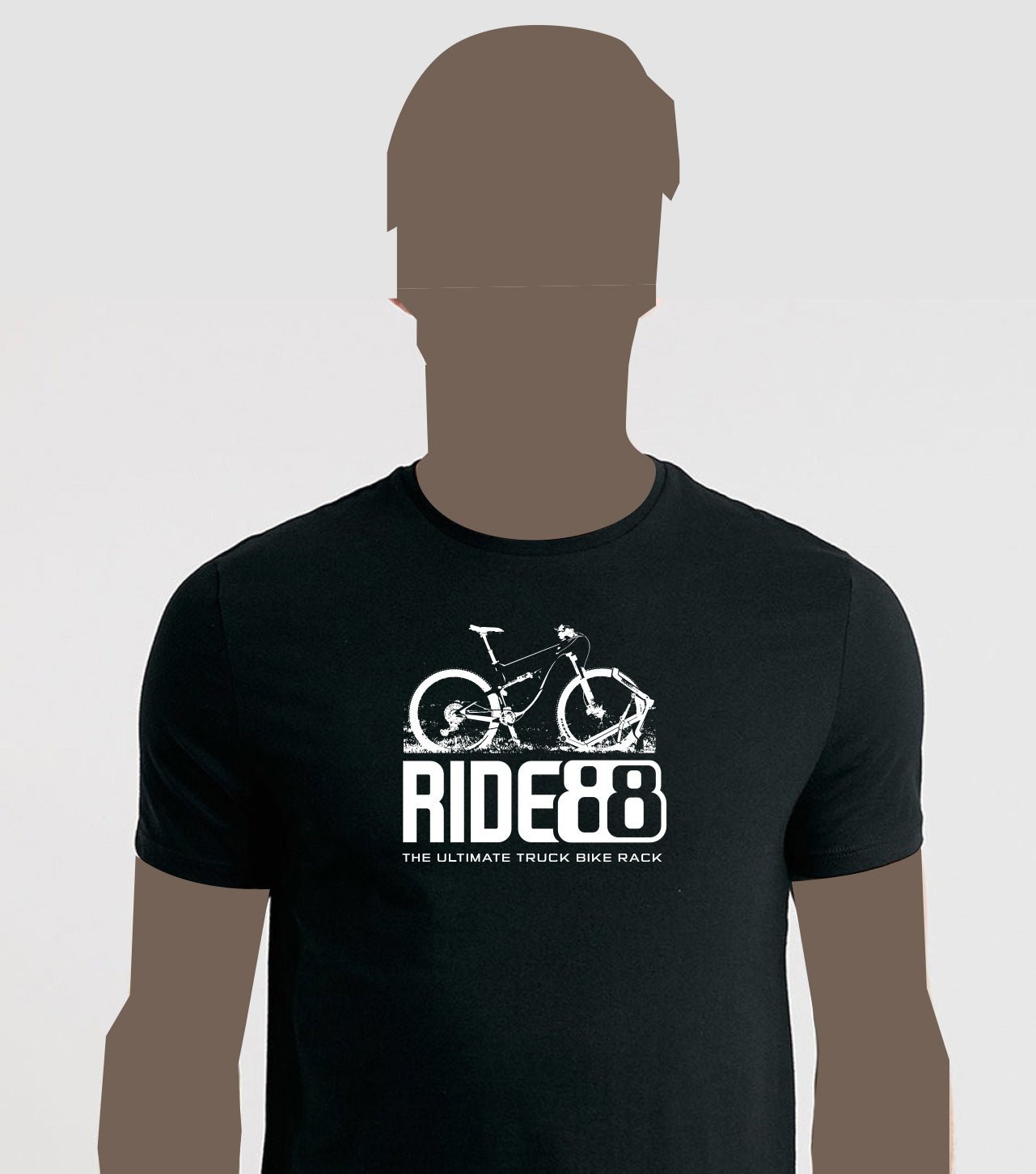 Black RIDE88 t-shirt featuring a bold white graphic of a mountain bike above the RIDE88 logo with the tagline “The Ultimate Truck Bike Rack.”