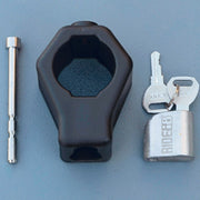 RIDE88 stainless steel locking pin, key, and fiberglass-reinforced nylon lock-housing set for securing Telescopic Crossbar, precision-machined for truck bed bike rack security.