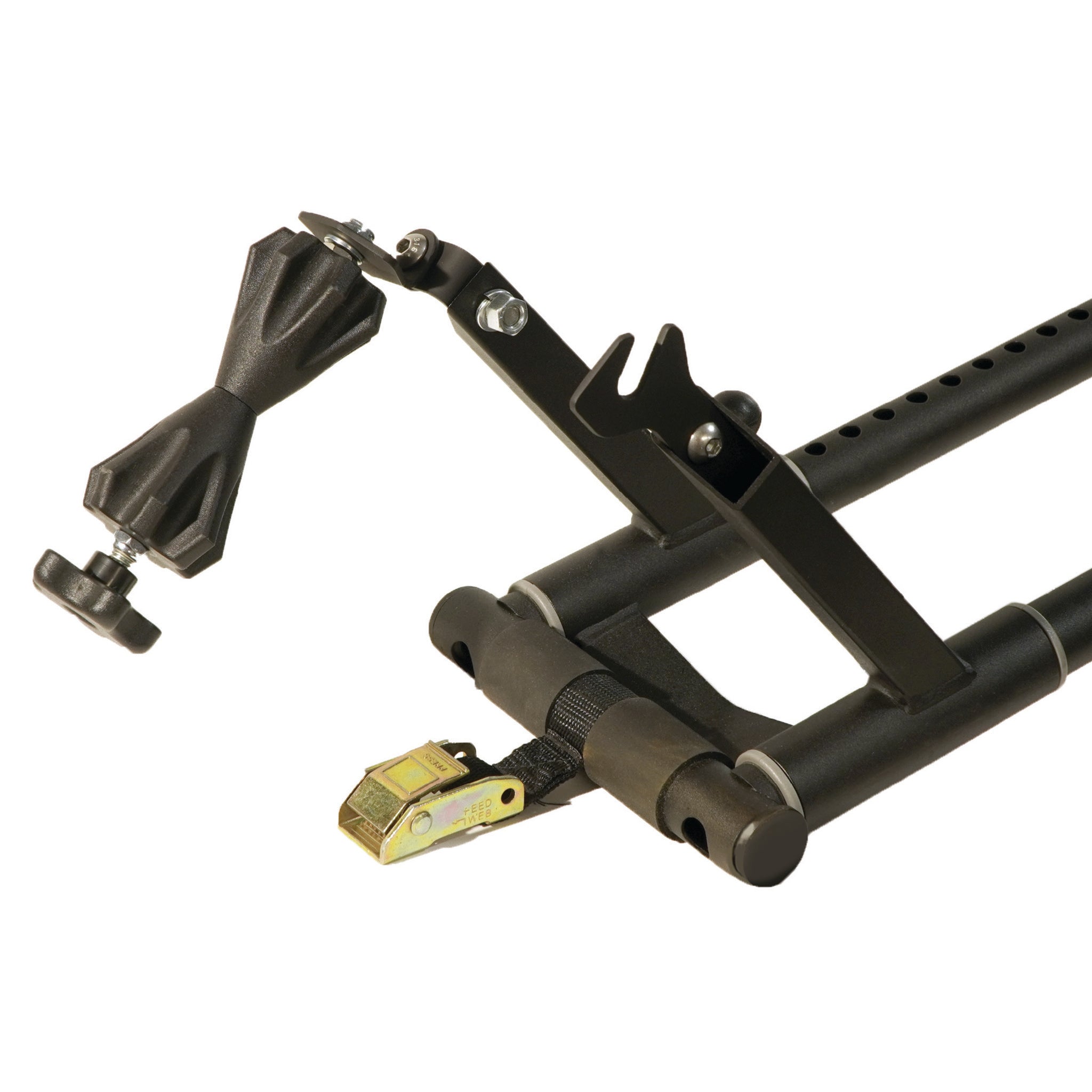 RIDE88 camper shell mod kit for QR3 bike rack, featuring swing away wheel chock roller.