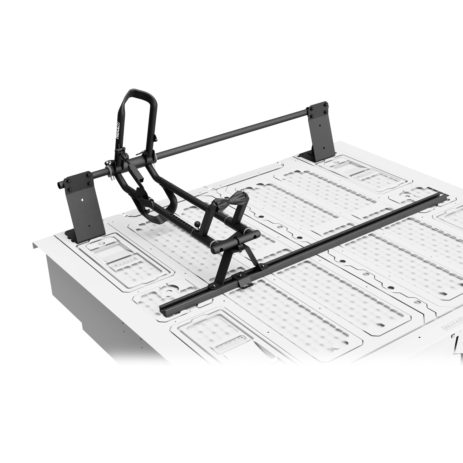 One RIDE88 QR3 Bike Rack mounted on top of a DECKED box using a crossbar, utility track, and custom brackets.