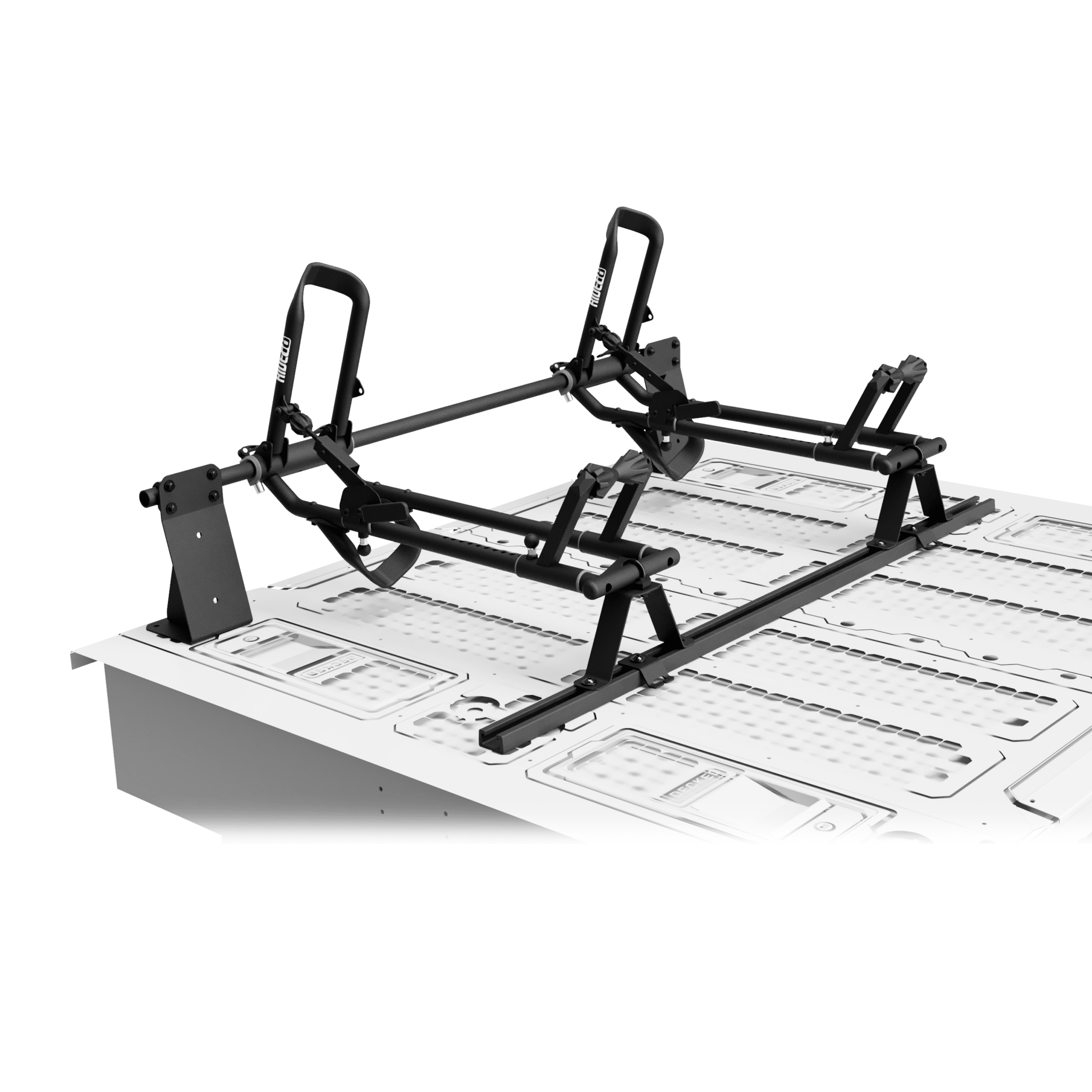 Two RIDE88 QR3 Bike Racks mounted on top of a DECKED box using a crossbar, utility track, and custom brackets.