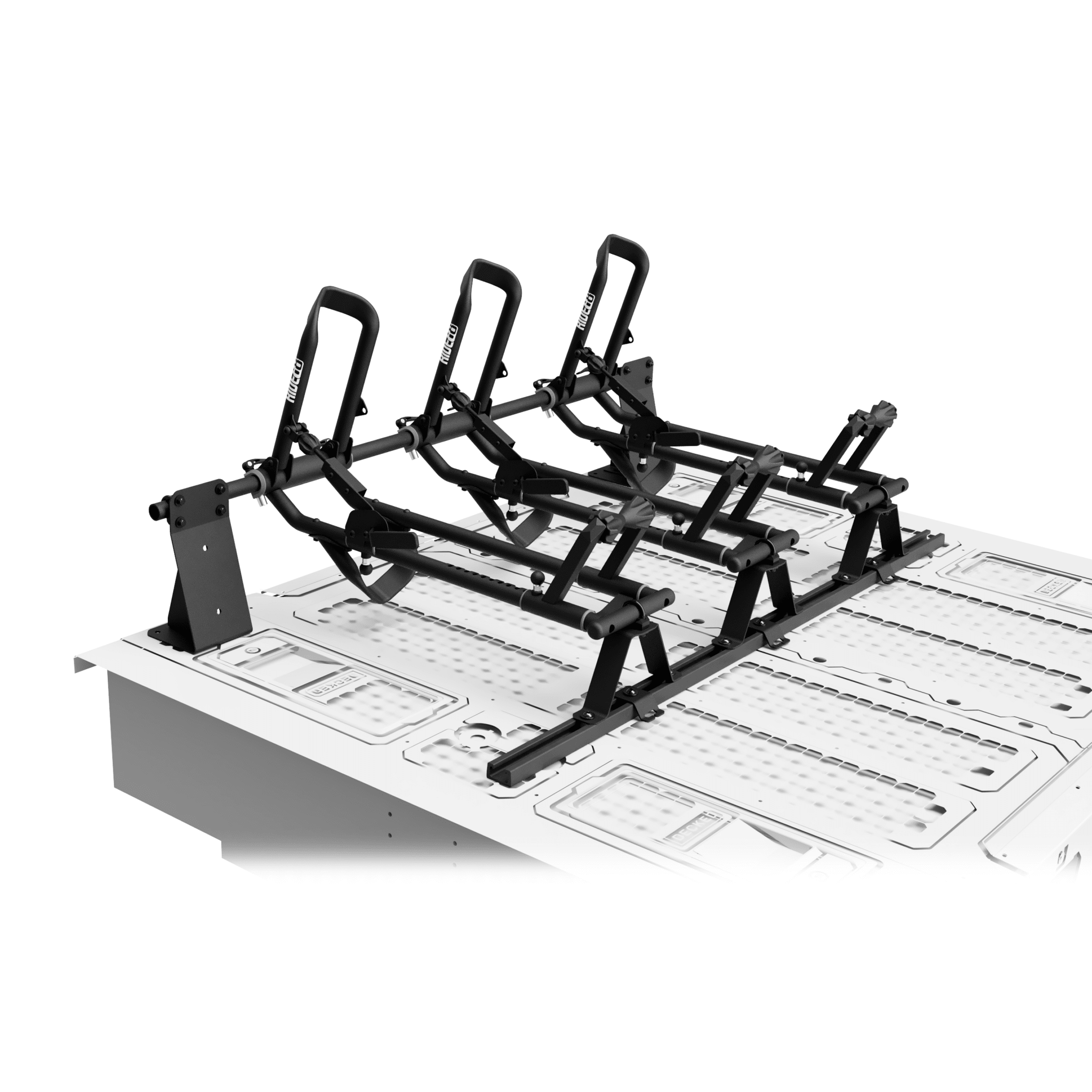 Three RIDE88 QR3 Bike Racks mounted on top of a DECKED box using a crossbar, utility track, and custom brackets.