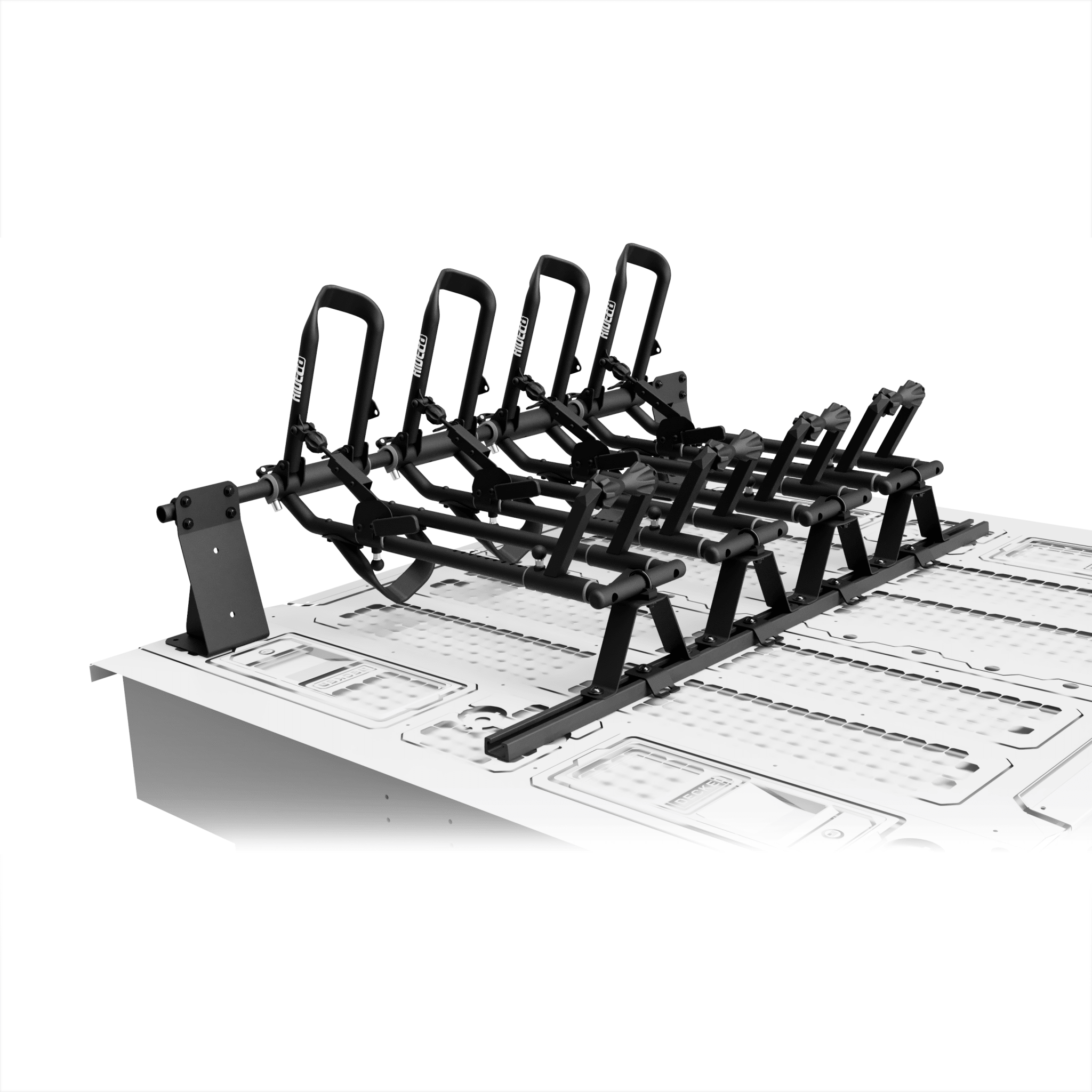Four RIDE88 QR3 Bike Racks mounted on top of a DECKED box using a crossbar, utility track, and custom brackets.
