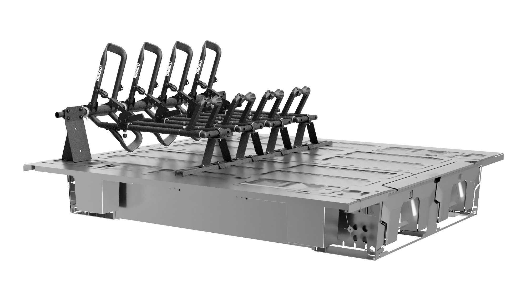 Four RIDE88 QR3 Bike Racks mounted on top of a DECKED Box System.