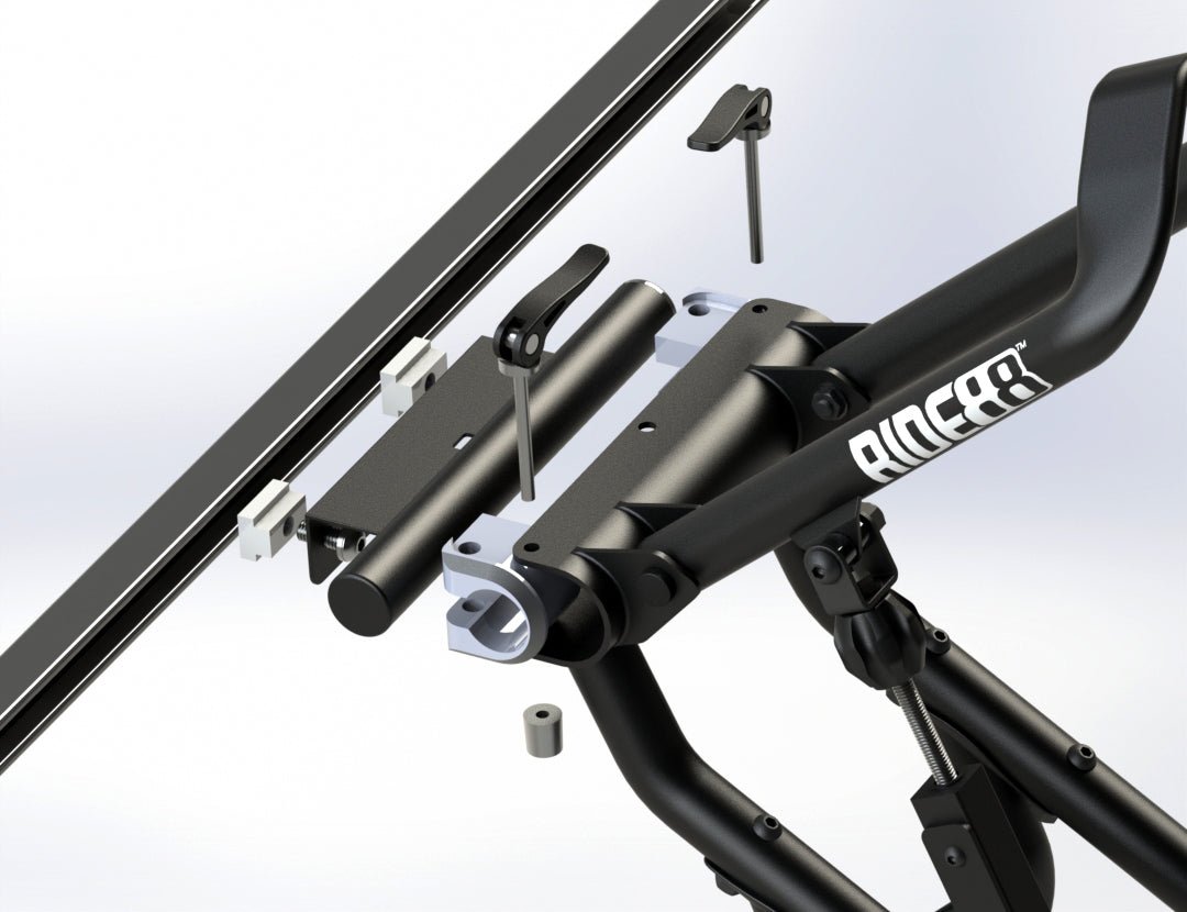 A RIDE88 QR3 Bike Rack with an exploded view of the Front-Track mounting hardware for a U-Track.