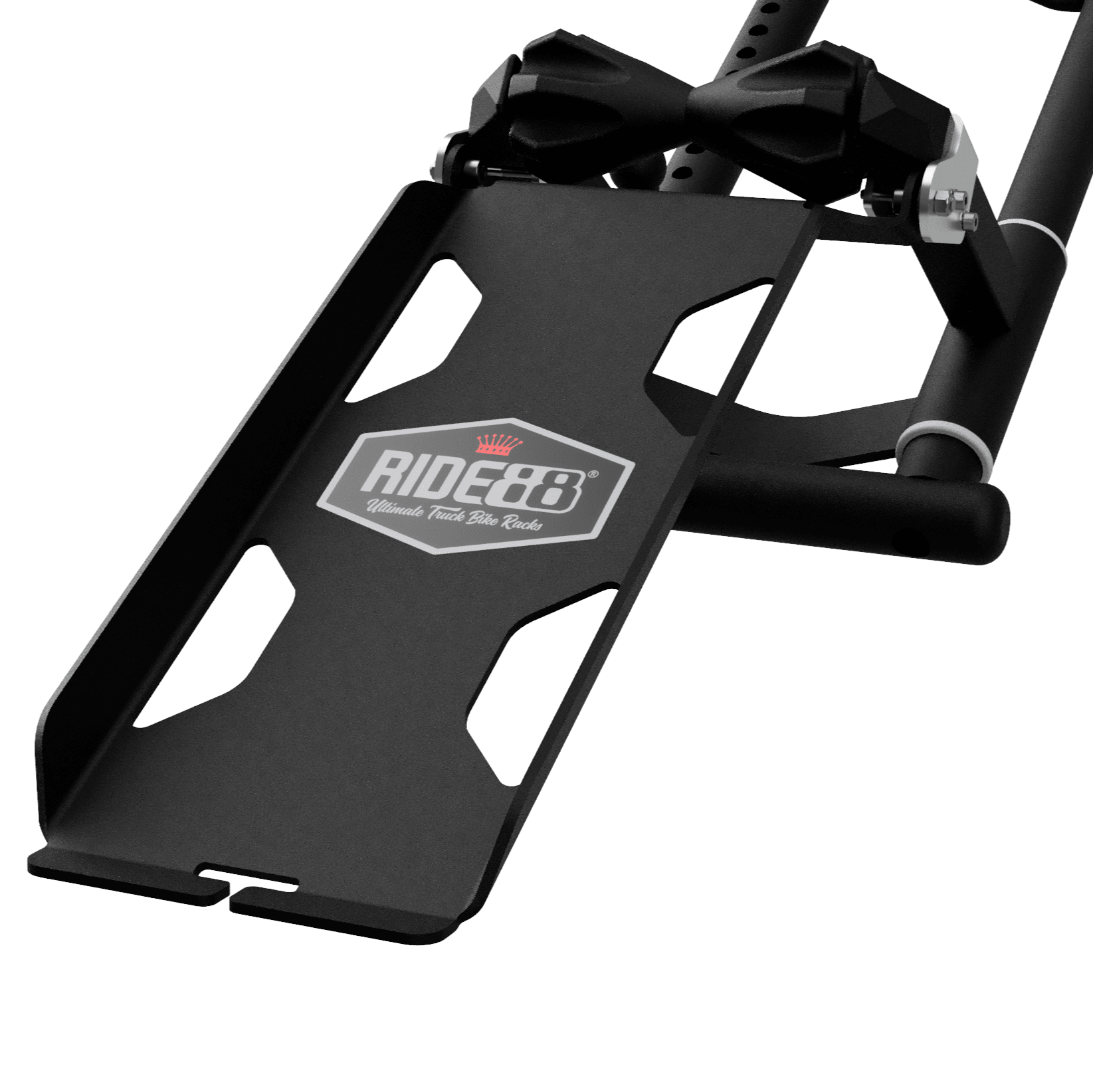 RIDE88 QR3 Mini Ramp attachment, black steel ramp designed for easy bike loading onto the RIDE88 QR3 truck bed bike rack system.