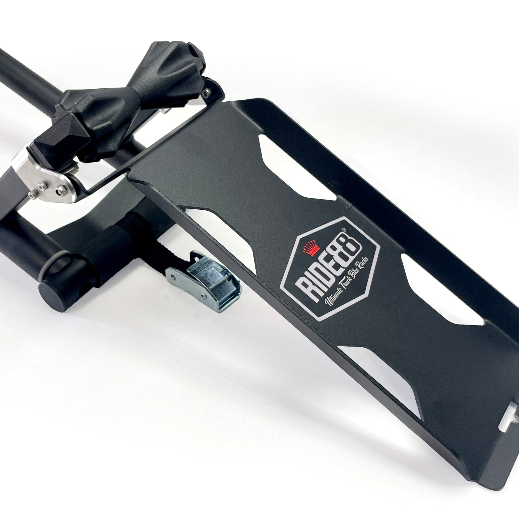 RIDE88 QR3 Mini Ramp attachment, black steel ramp designed for easy bike loading onto the RIDE88 QR3 truck bed bike rack system.