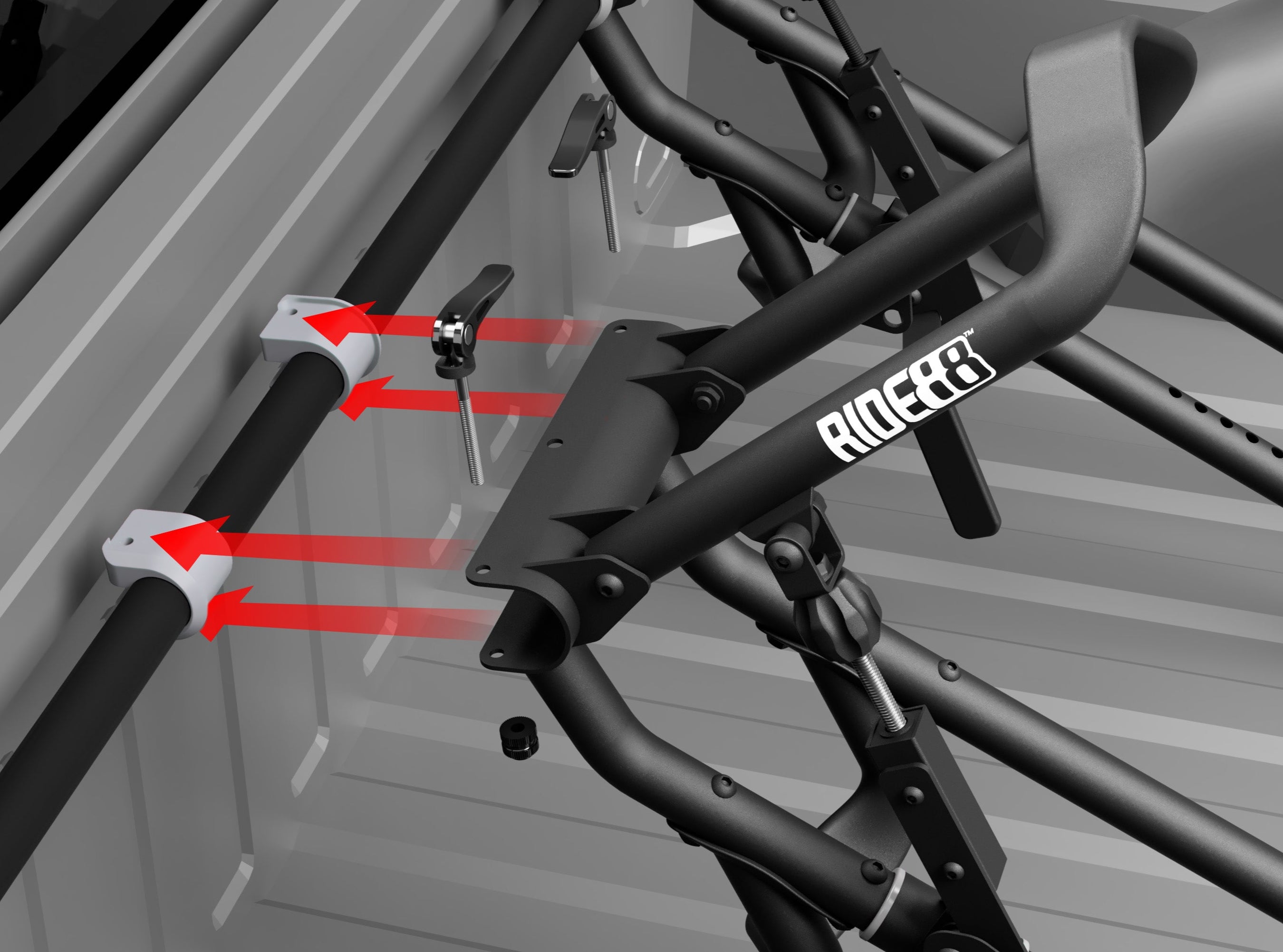RIDE88 QR3 bike rack mounting to a crossbar using quick release levers and bushings, allowing for easy removal and simple setup.