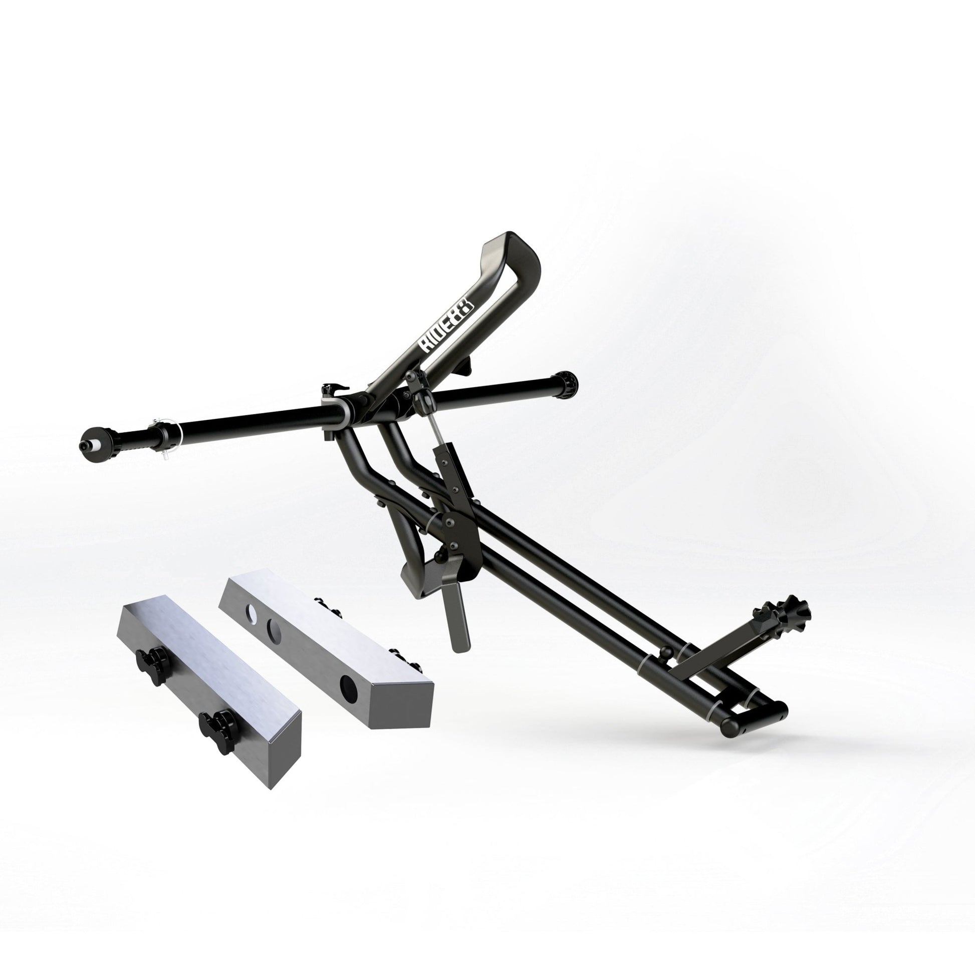 One RIDE88 QR3 Bike Rack mounted to a RIDE88 Telescopic Crossbar and two Tesla Cybertruck Adapters.