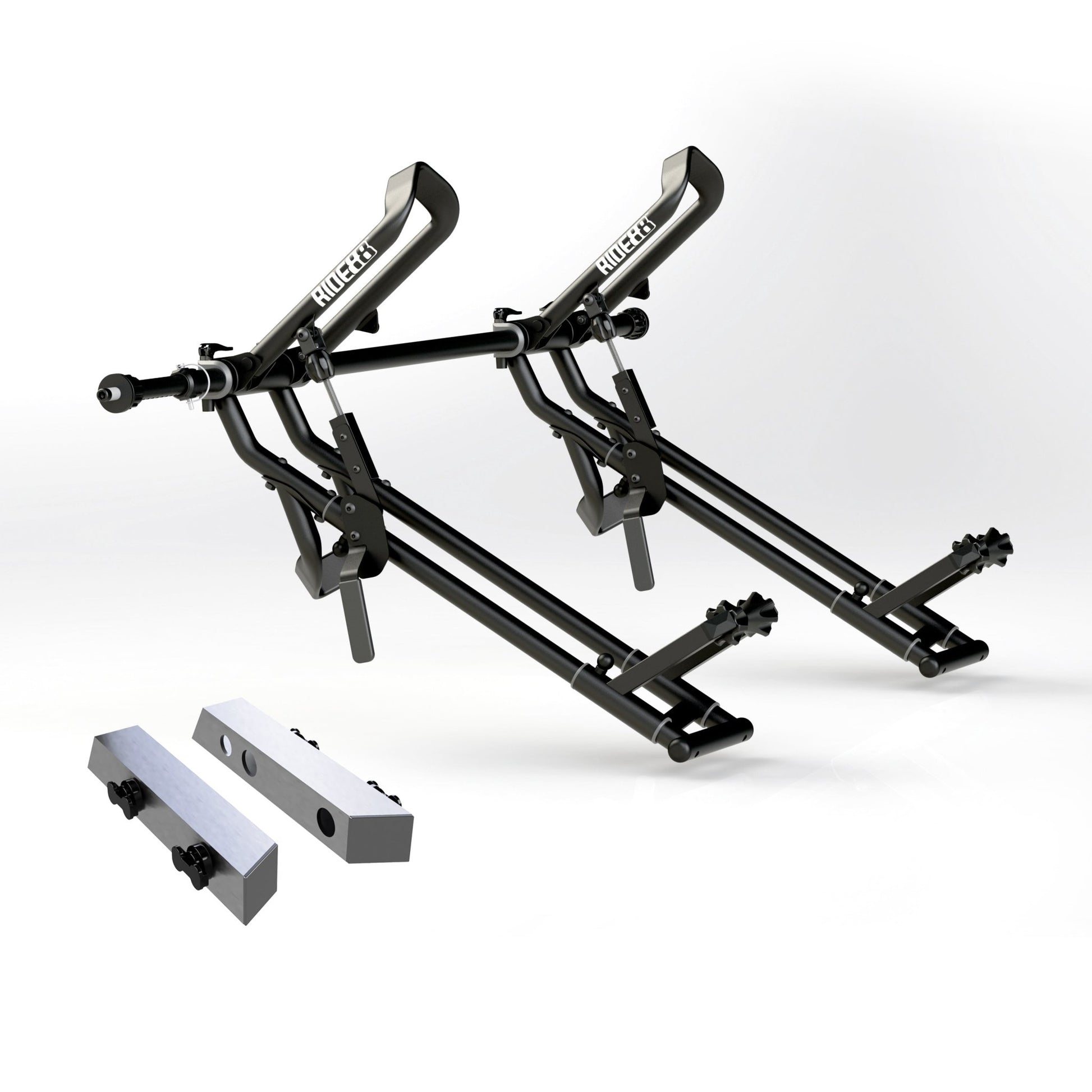 Two RIDE88 QR3 Bike Racks mounted to a RIDE88 Telescopic Crossbar and two Tesla Cybertruck Adapters.