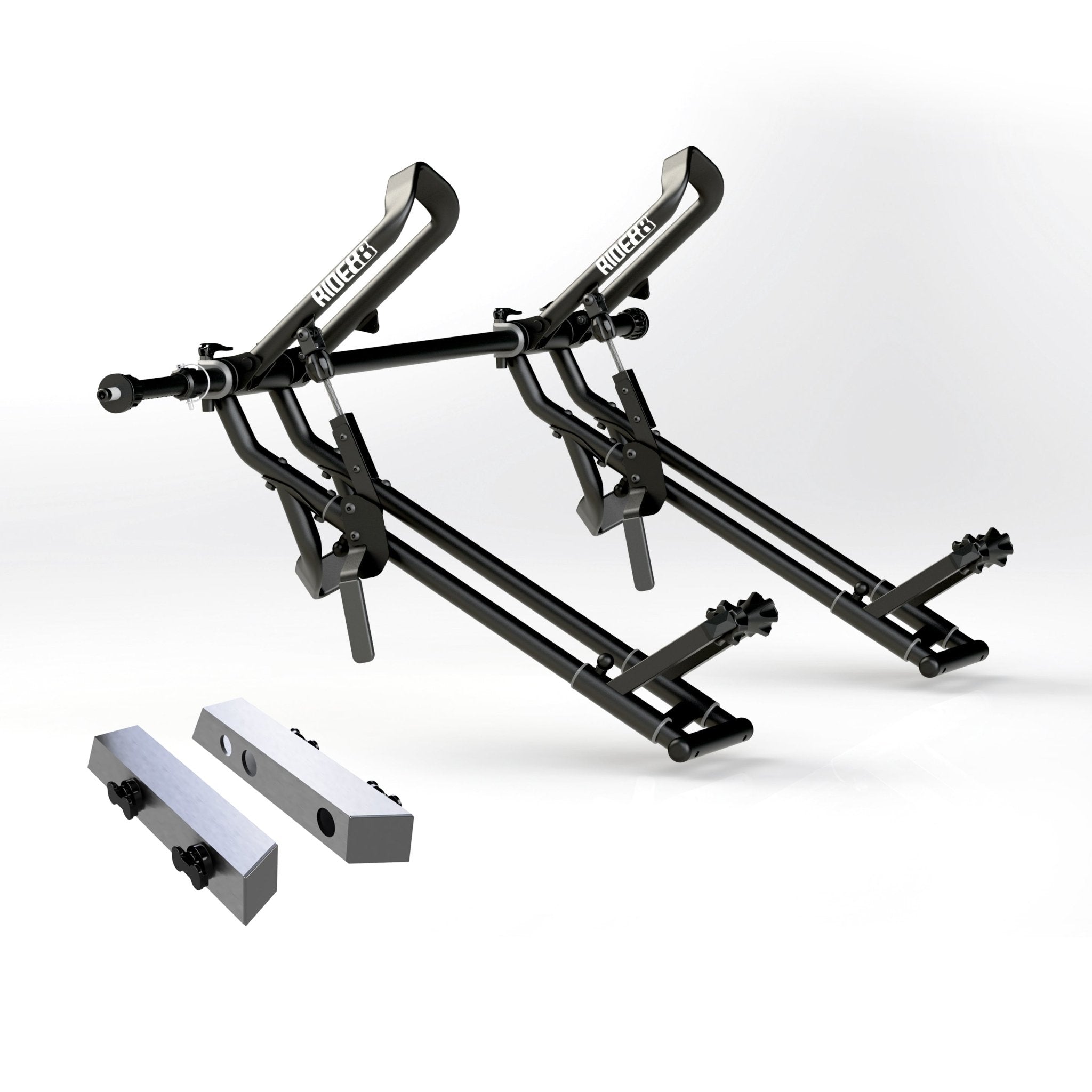 Two RIDE88 QR3 Bike Racks mounted to a RIDE88 Telescopic Crossbar and two Tesla Cybertruck Adapters.