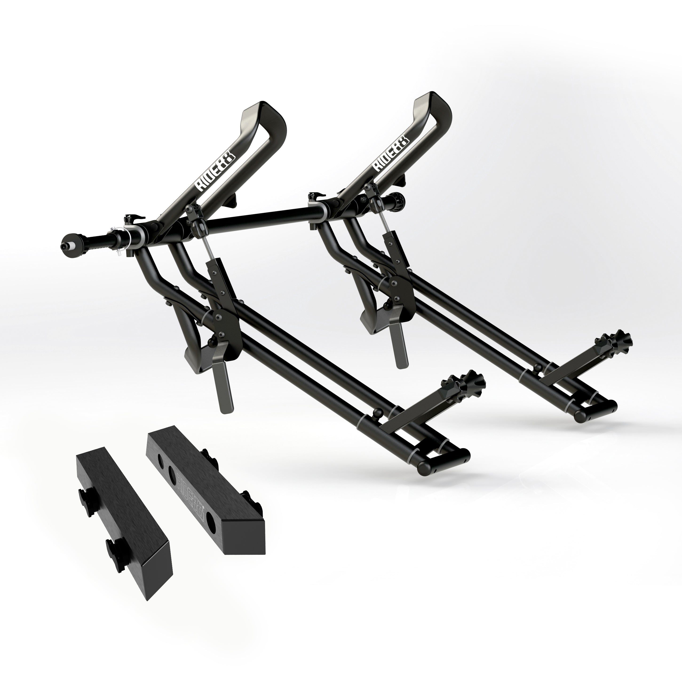 Two RIDE88 QR3 Bike Racks mounted to a RIDE88 Telescopic Crossbar and two Tesla Cybertruck Adapters.