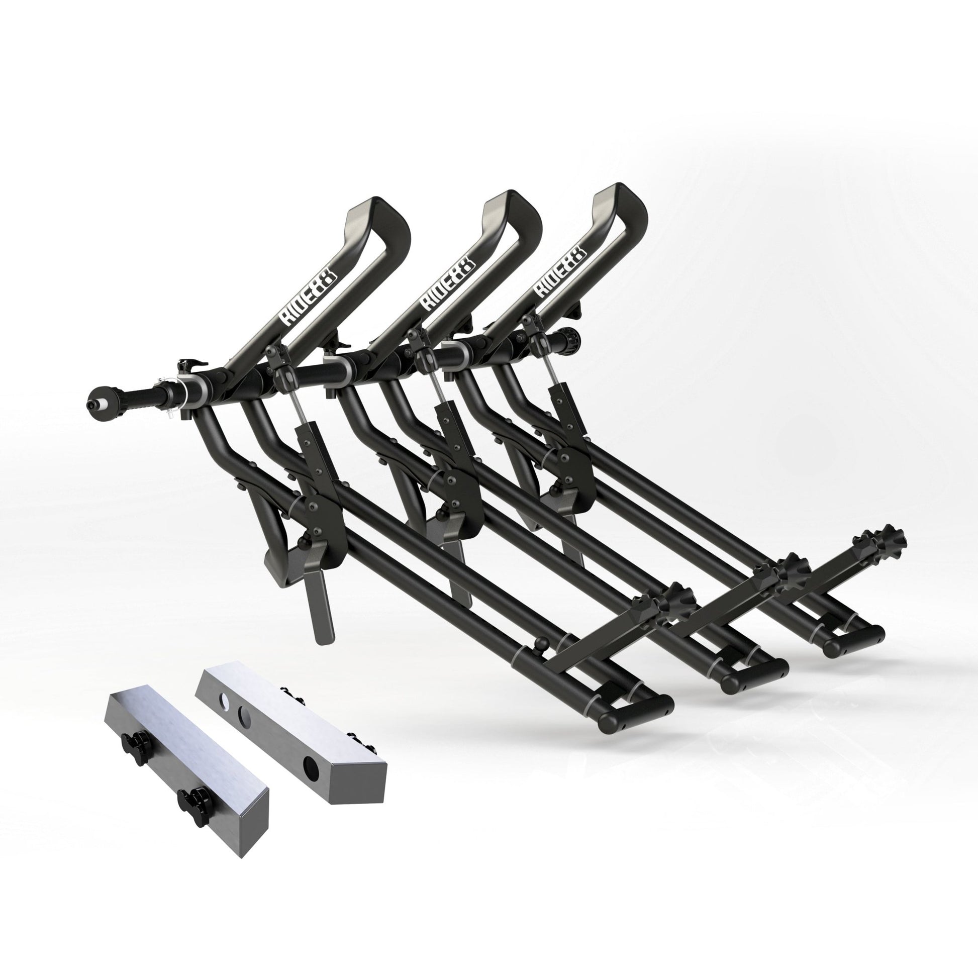 Three RIDE88 QR3 Bike Racks mounted to a RIDE88 Telescopic Crossbar and two Tesla Cybertruck Adapters.