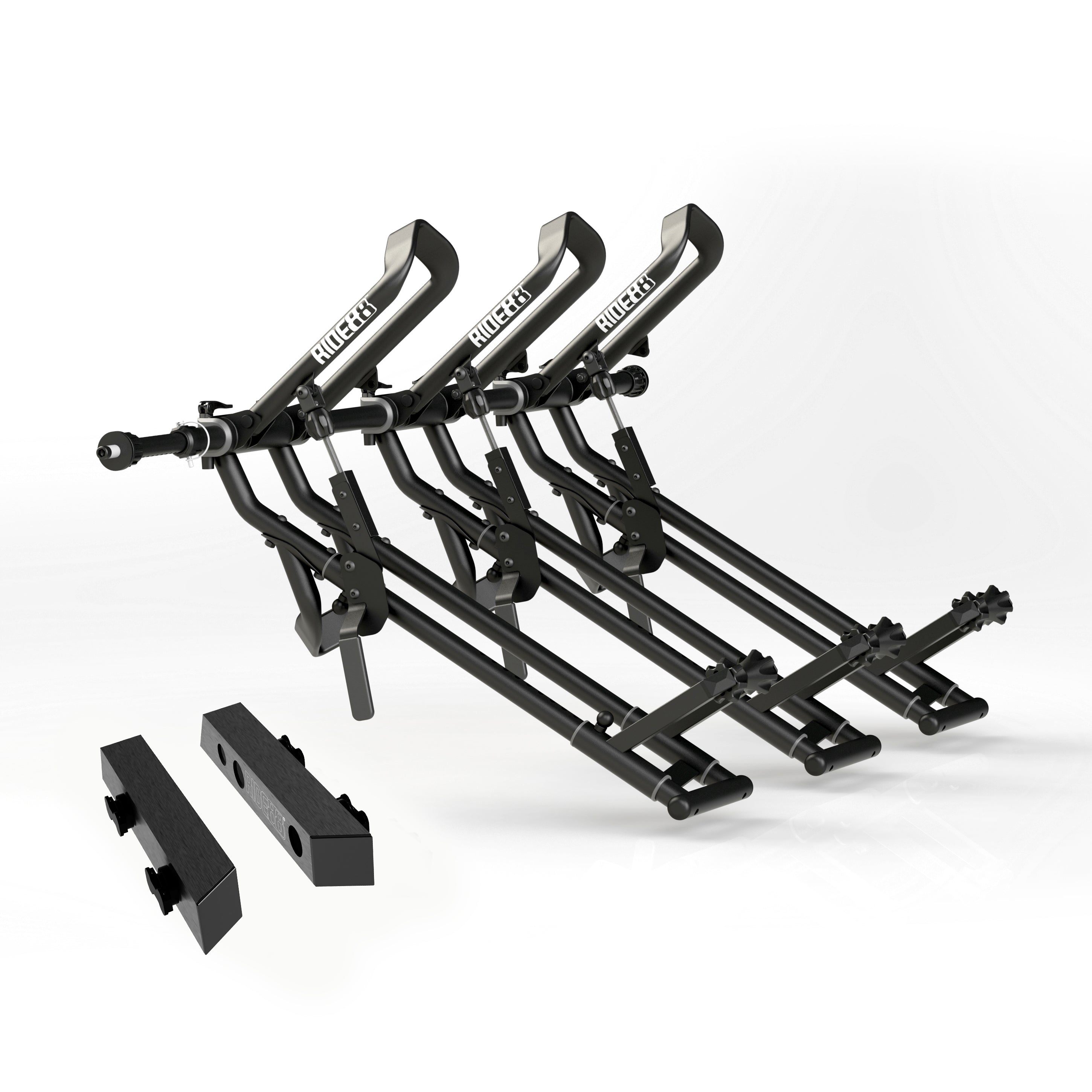 Three RIDE88 QR3 Bike Racks mounted to a RIDE88 Telescopic Crossbar and two Tesla Cybertruck Adapters.