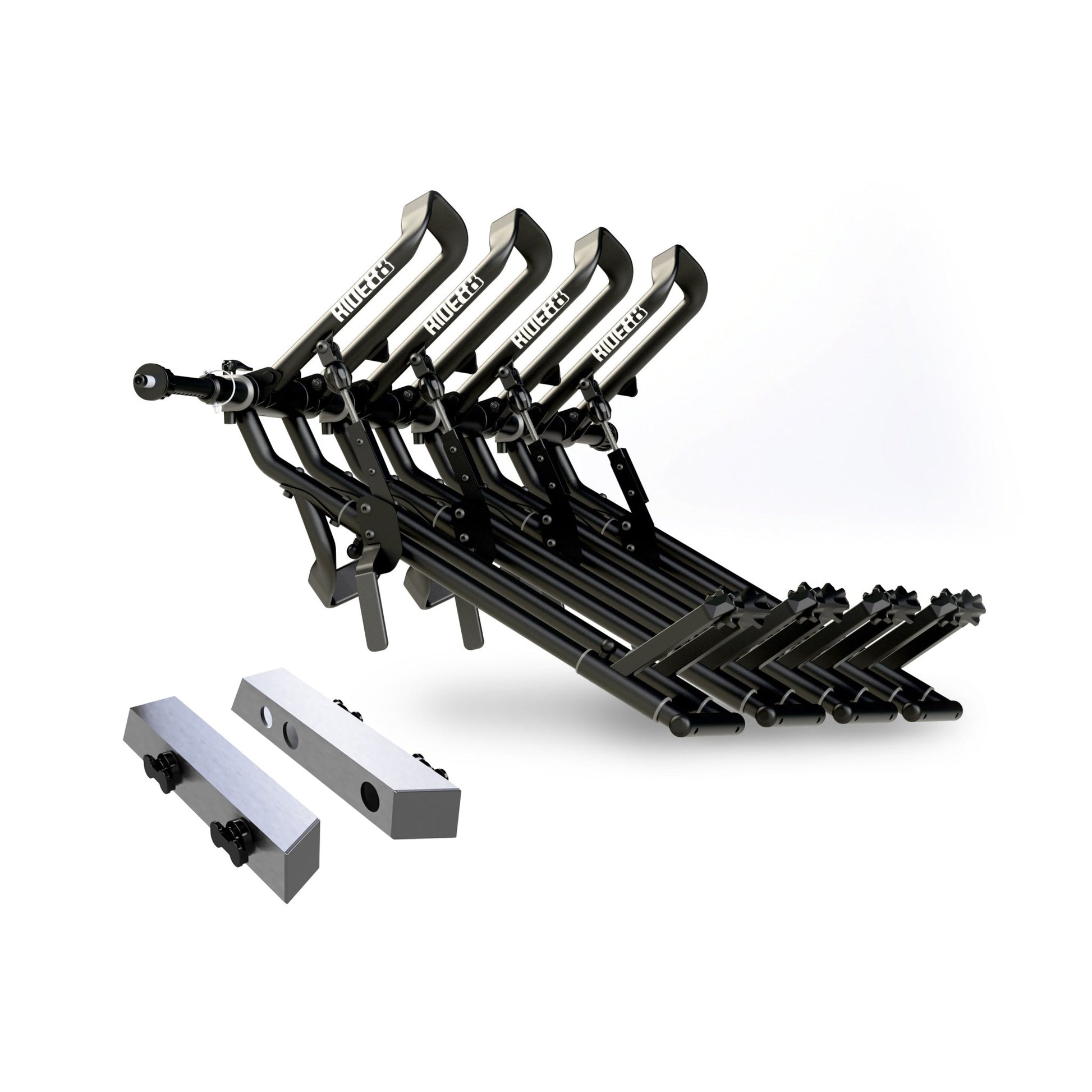 Four RIDE88 QR3 Bike Racks mounted to a RIDE88 Telescopic Crossbar and two Tesla Cybertruck Adapters.