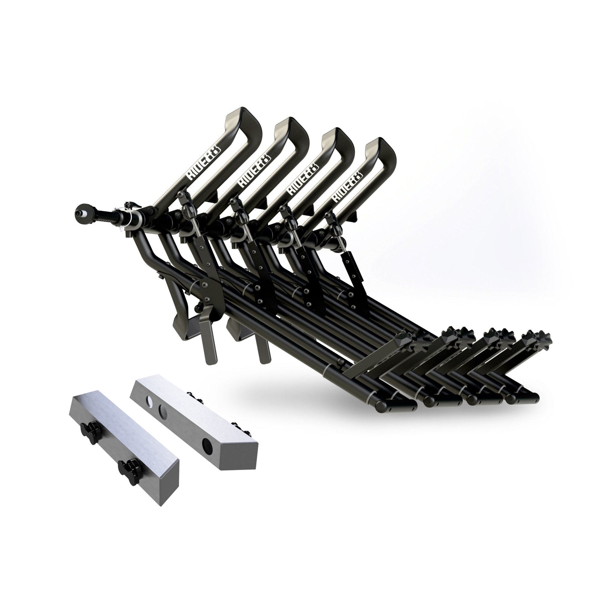 Four RIDE88 QR3 Bike Racks mounted to a RIDE88 Telescopic Crossbar and two Tesla Cybertruck Adapters.