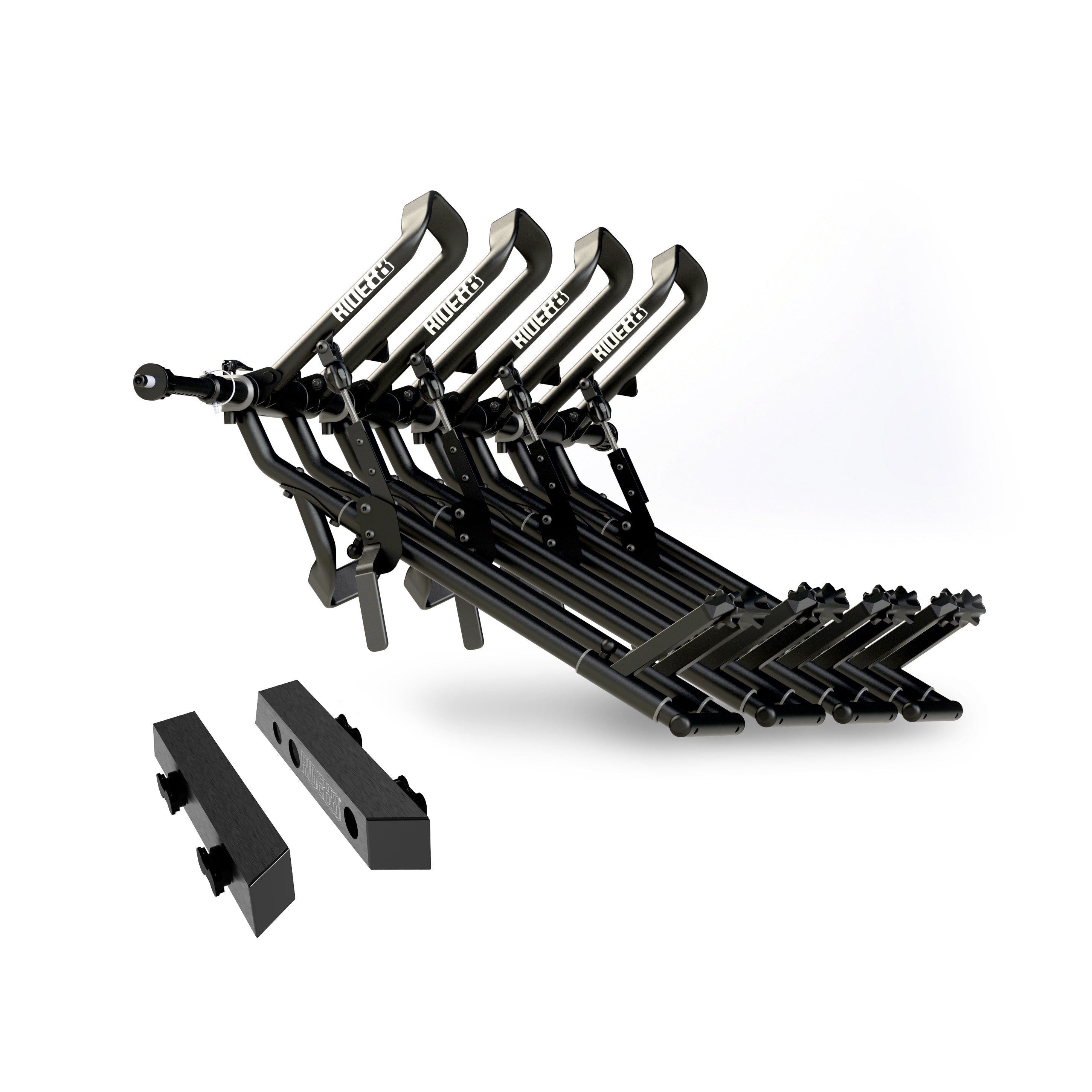 Four RIDE88 QR3 Bike Racks mounted to a RIDE88 Telescopic Crossbar and two Tesla Cybertruck Adapters.