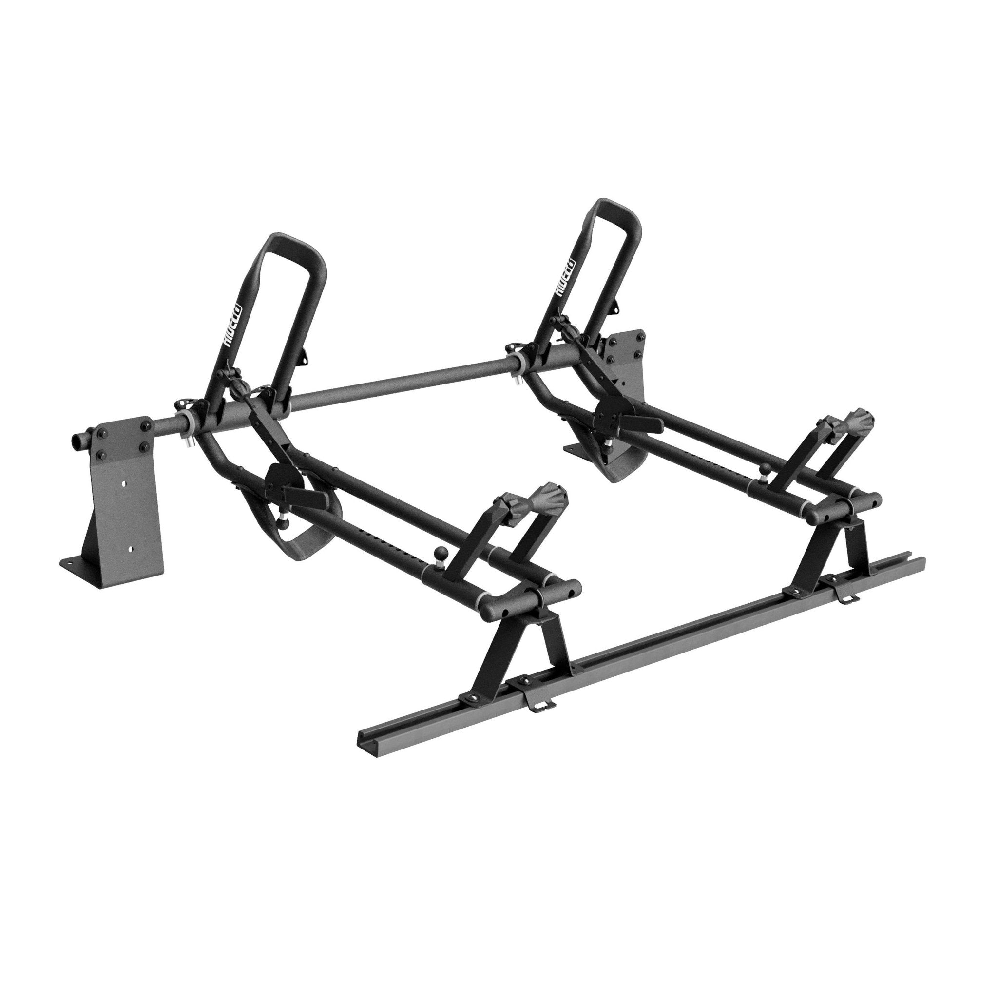 Two RIDE88 QR3 Bike Racks mounted with a crossbar, utility track, and custom bracketry to universally be mounted to any floor.