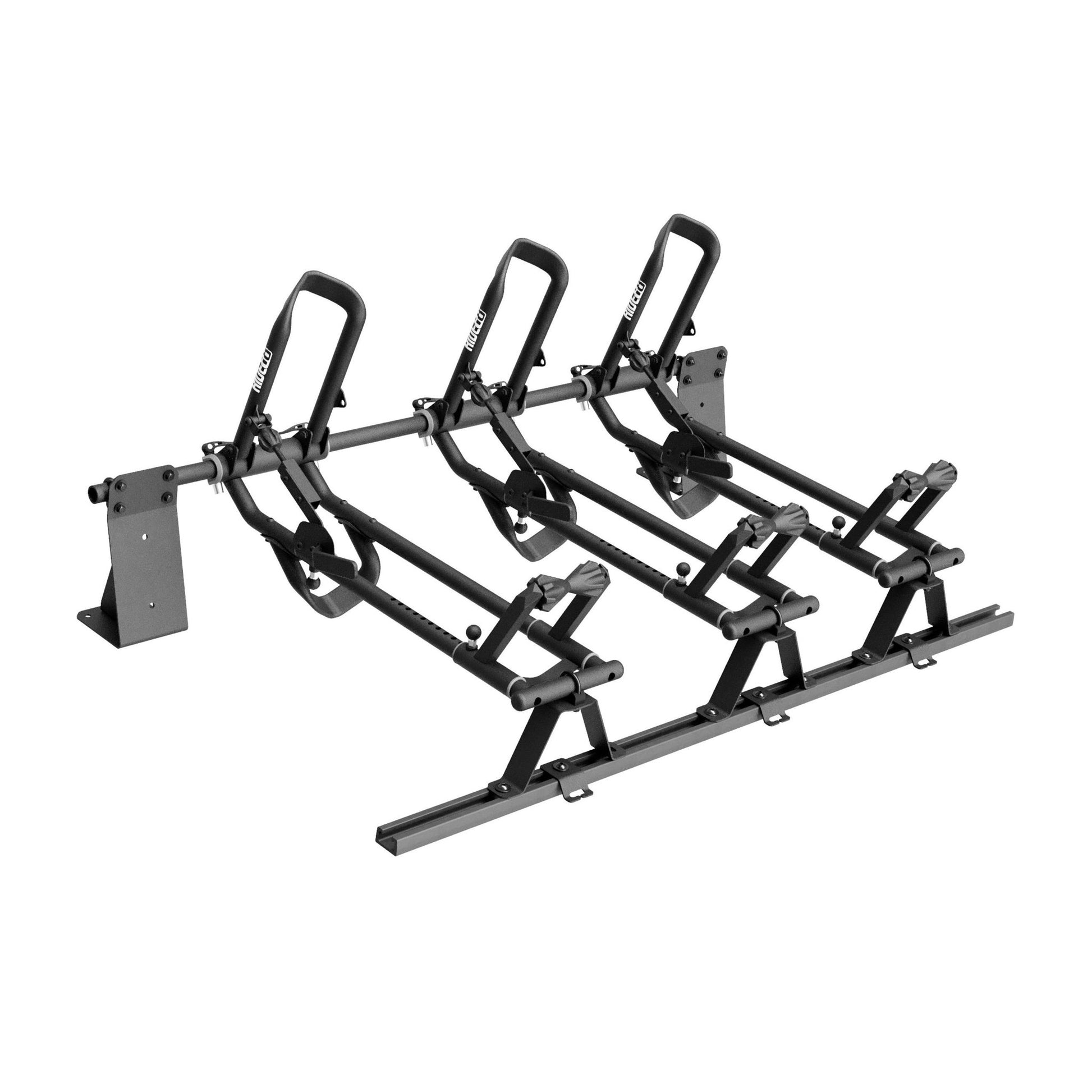 Three RIDE88 QR3 Bike Racks mounted with a crossbar, utility track, and custom bracketry to universally be mounted to any floor.