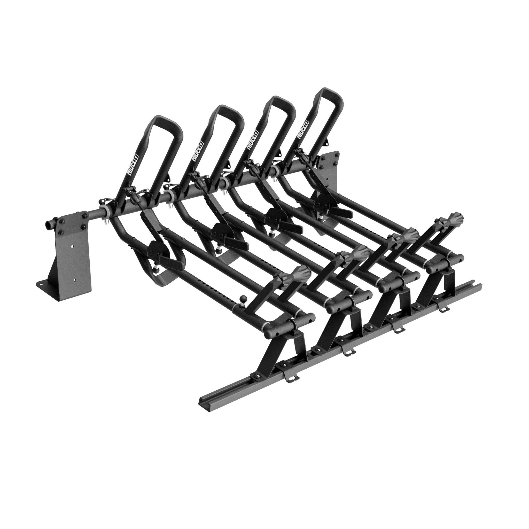 Four RIDE88 QR3 Bike Racks mounted with a crossbar, utility track, and custom bracketry to universally be mounted to any floor.