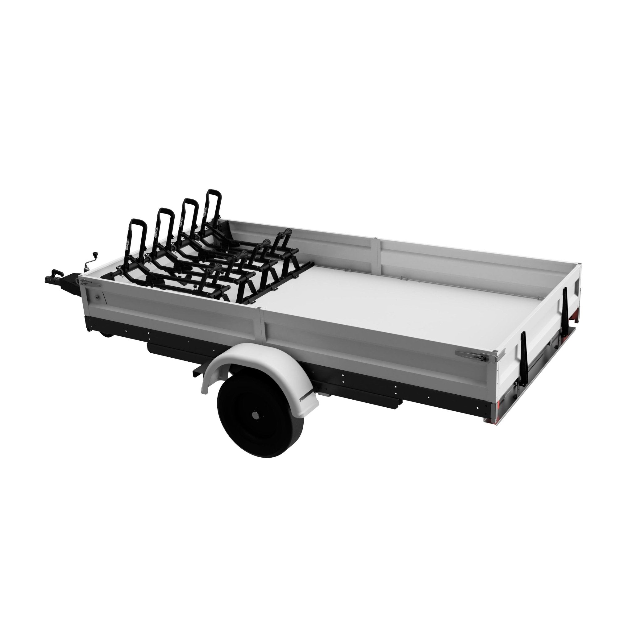 3/4 view of four RIDE88 QR3 bike racks mounted in an open-air trailer using the universal floor kit.