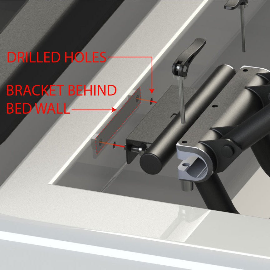 RIDE88 QR3 Universal Wall Kit mounting to a truck bed. Red text and arrows show where to drill holes and place the bracket behind the bed wall.