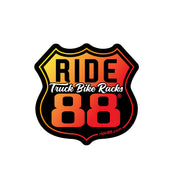 RIDE88 Truck Bike Racks logo sticker with orange and red gradient highway shield design, featuring the ride88.com website URL.