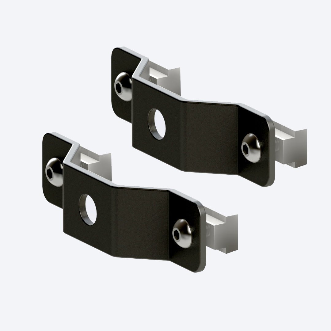 Two black angled brackets with bolts and nuts attached.
