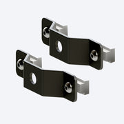Two black angled brackets with bolts and nuts attached.