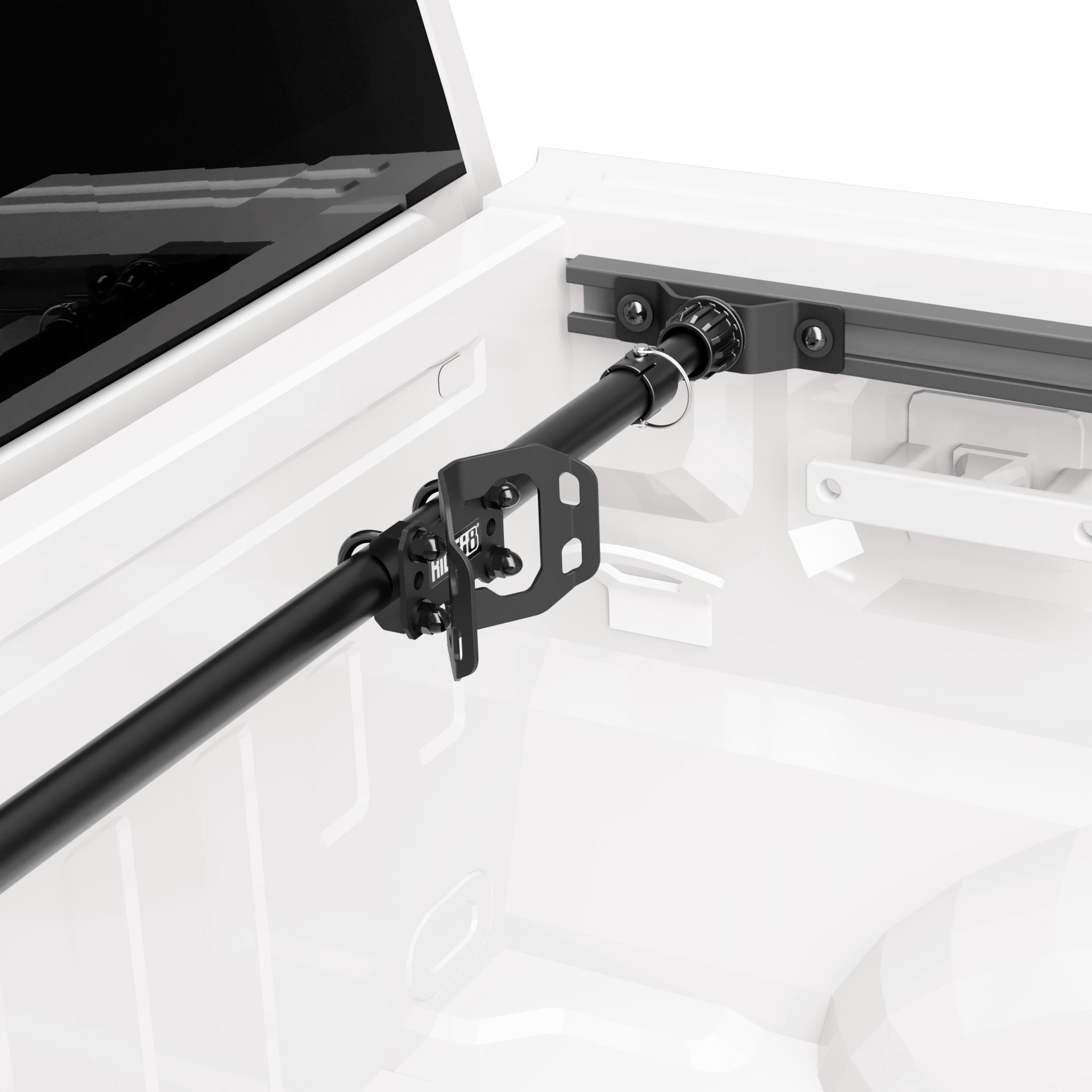 RIDE88 Wheel Chock mounted in a truck bed using a Telescopic Crossbar attached to the OEM rails of the truck using Side-Track Adapters.