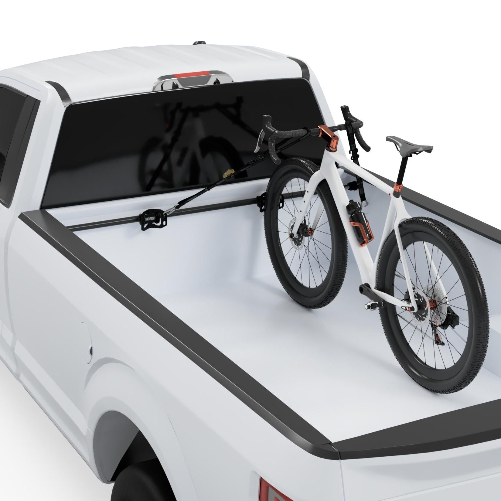 RIDE88 Cinch Rack with Telescopic Crossbar mounted in a truck bed holding a bike using tie-down straps
