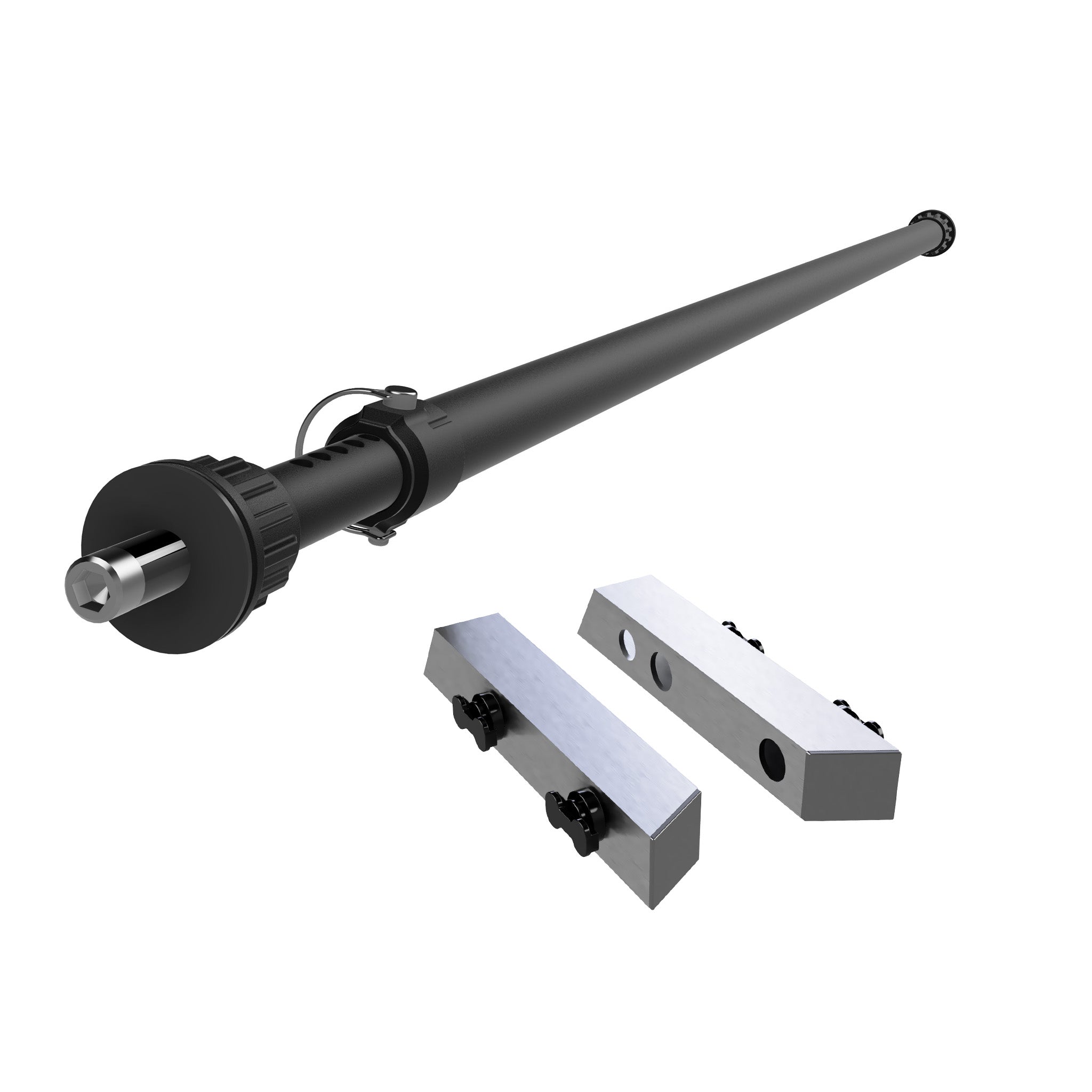 Crossbar with pins on either end and an adjustable length on one end, as well as two RIDE88 Cybertruck Adapters.