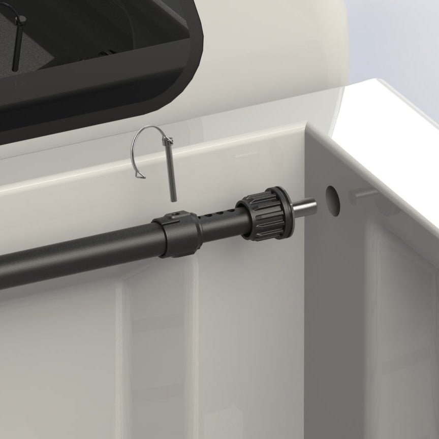 RIDE88 telescopic crossbar mounting into a pickup truck bed using locking pin and adjustable end fitting.