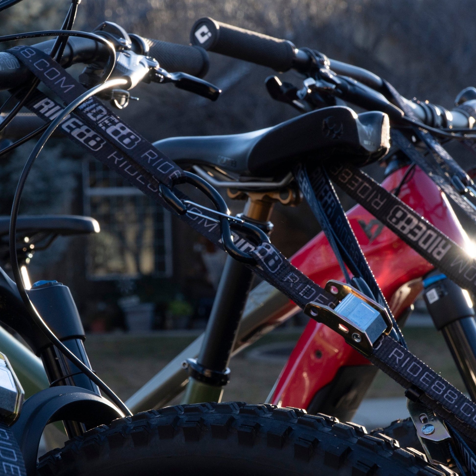 RIDE88 Tie-Down Straps securing bicycle handles and seat posts in truck bed.