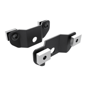 Toyota bed cover adapters. Two black painted metal brackets with mounting hardware on a white background. 
