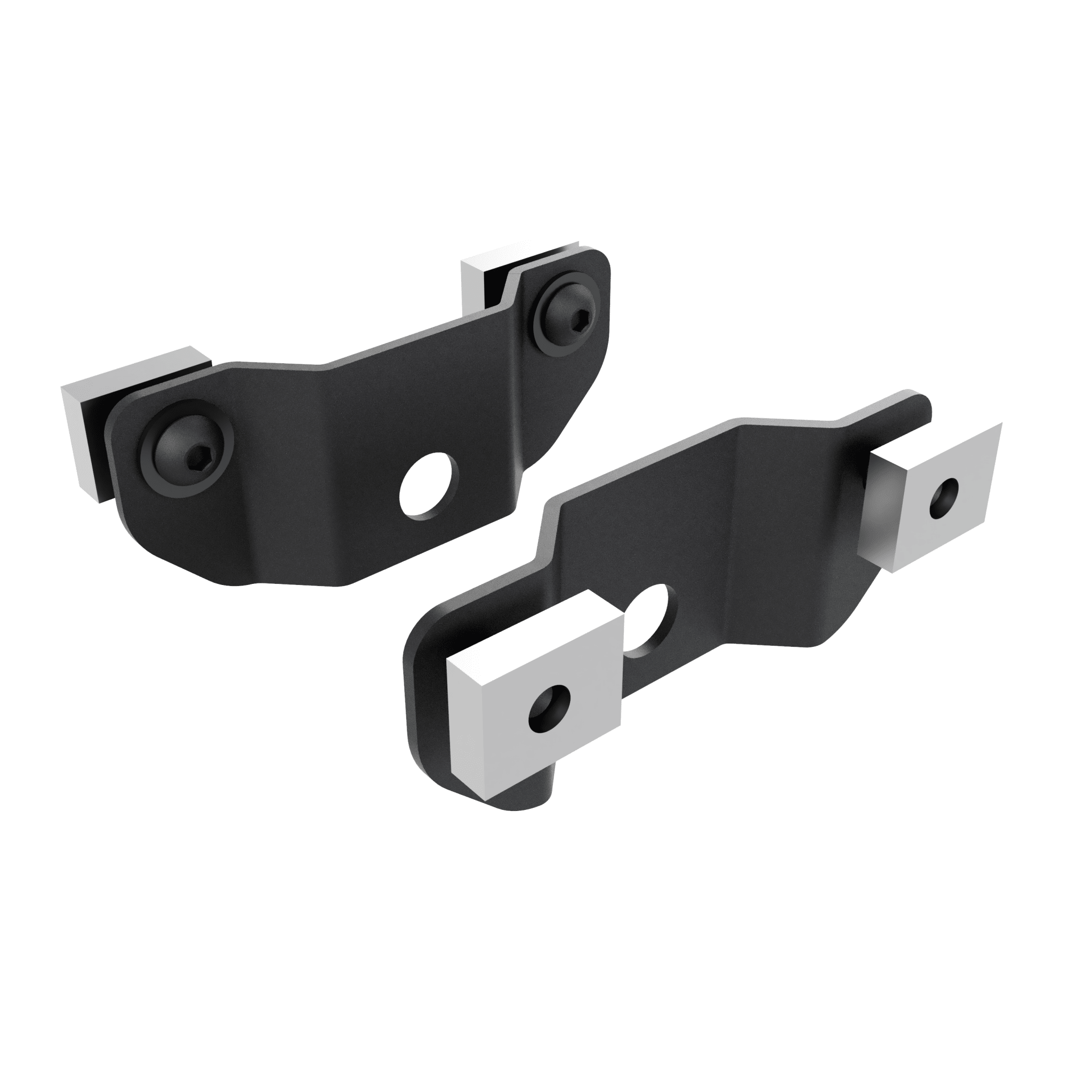 Toyota bed cover adapters. Two black painted metal brackets with mounting hardware on a white background. 