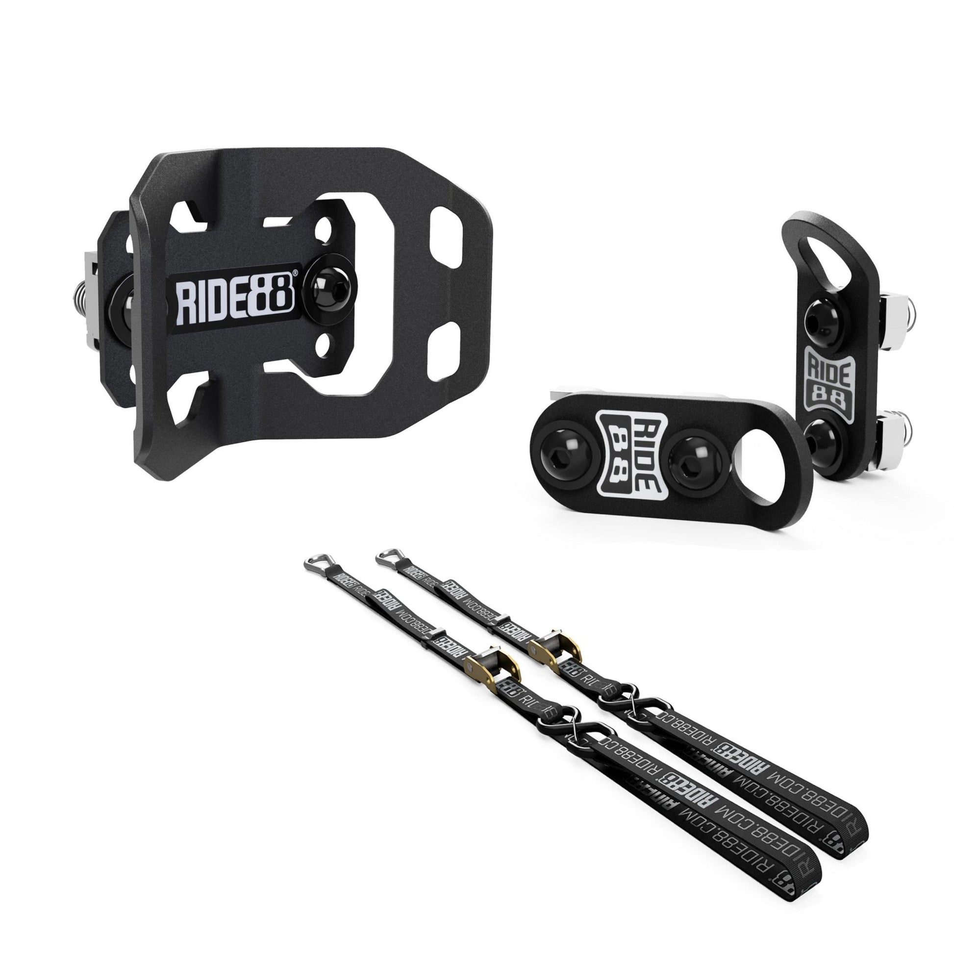 RIDE88 U-Track Plus One Kit, consisting of one Wheel Chock, two Tie-Down Anchors, and two 54" bicycle tie-down straps, used to mount a bicycle in a truck bed.