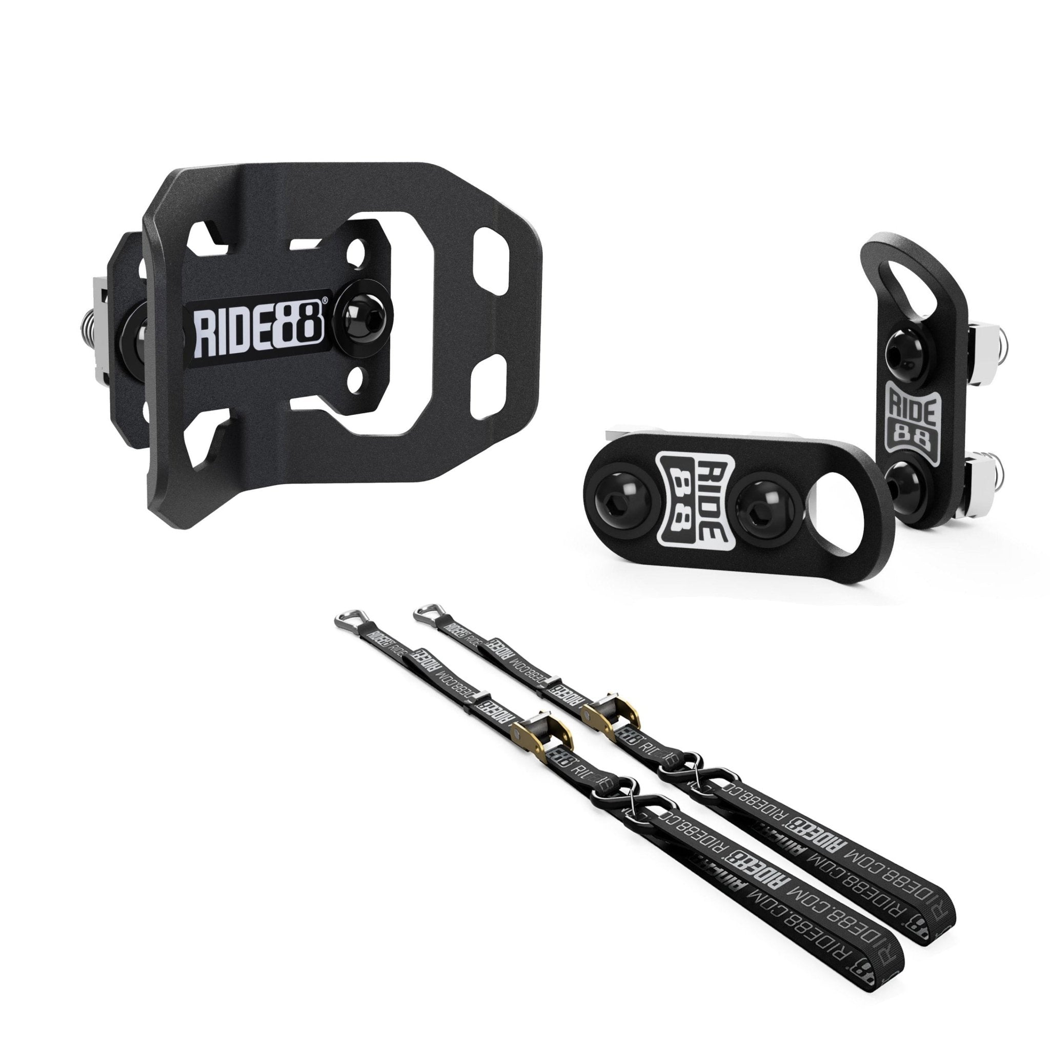 RIDE88 U-Track Plus One Kit, consisting of one Wheel Chock, two Tie-Down Anchors, and two 54" bicycle tie-down straps, used to mount a bicycle in a truck bed.