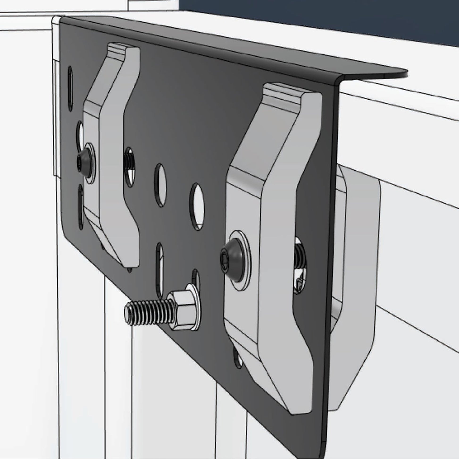 RIDE88 universal plate adapter drawing mounted on truck bed rail.