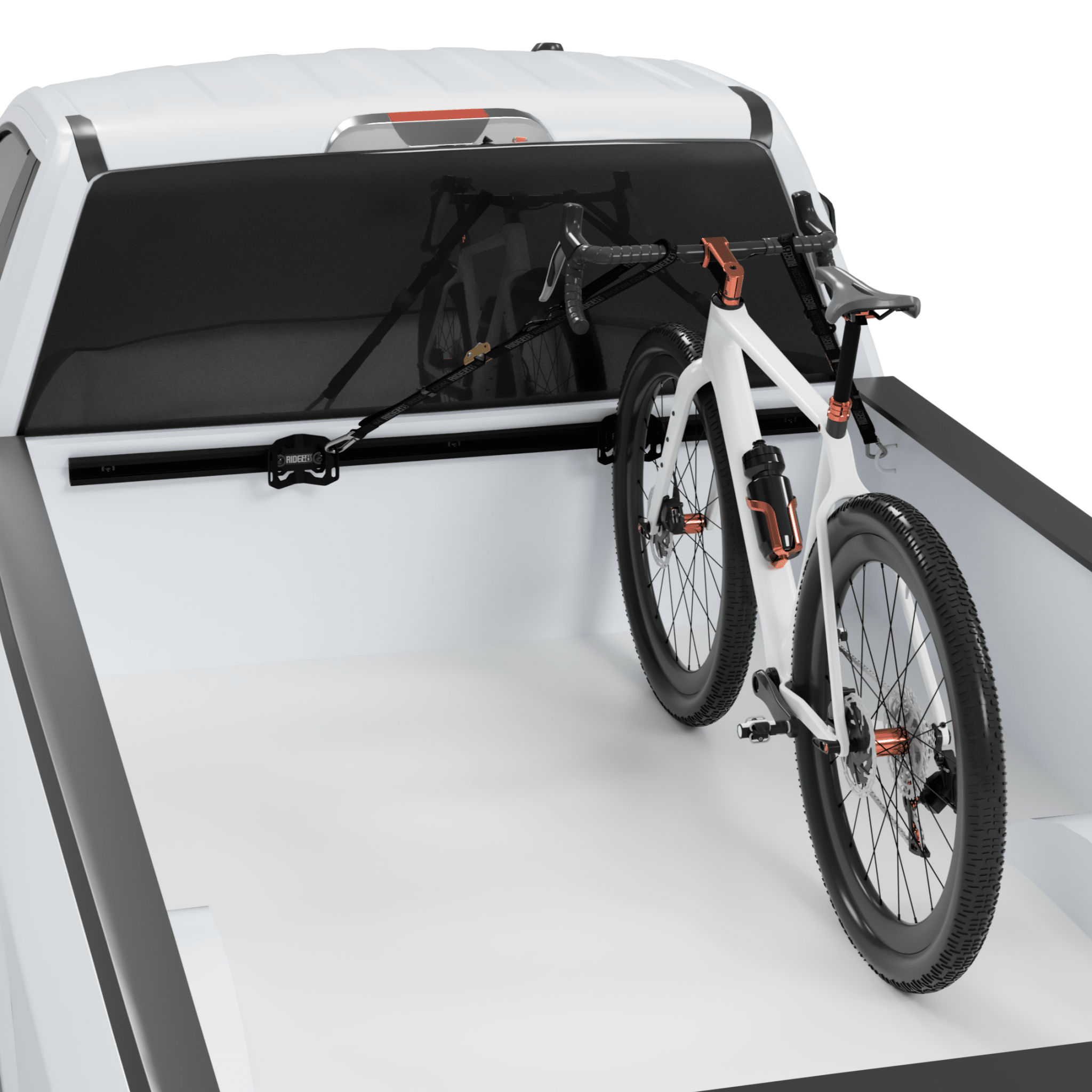 RIDE88 Cinch truck bed bike rack with Utility Track mounted in a truck bed holding a bike using tie-down straps