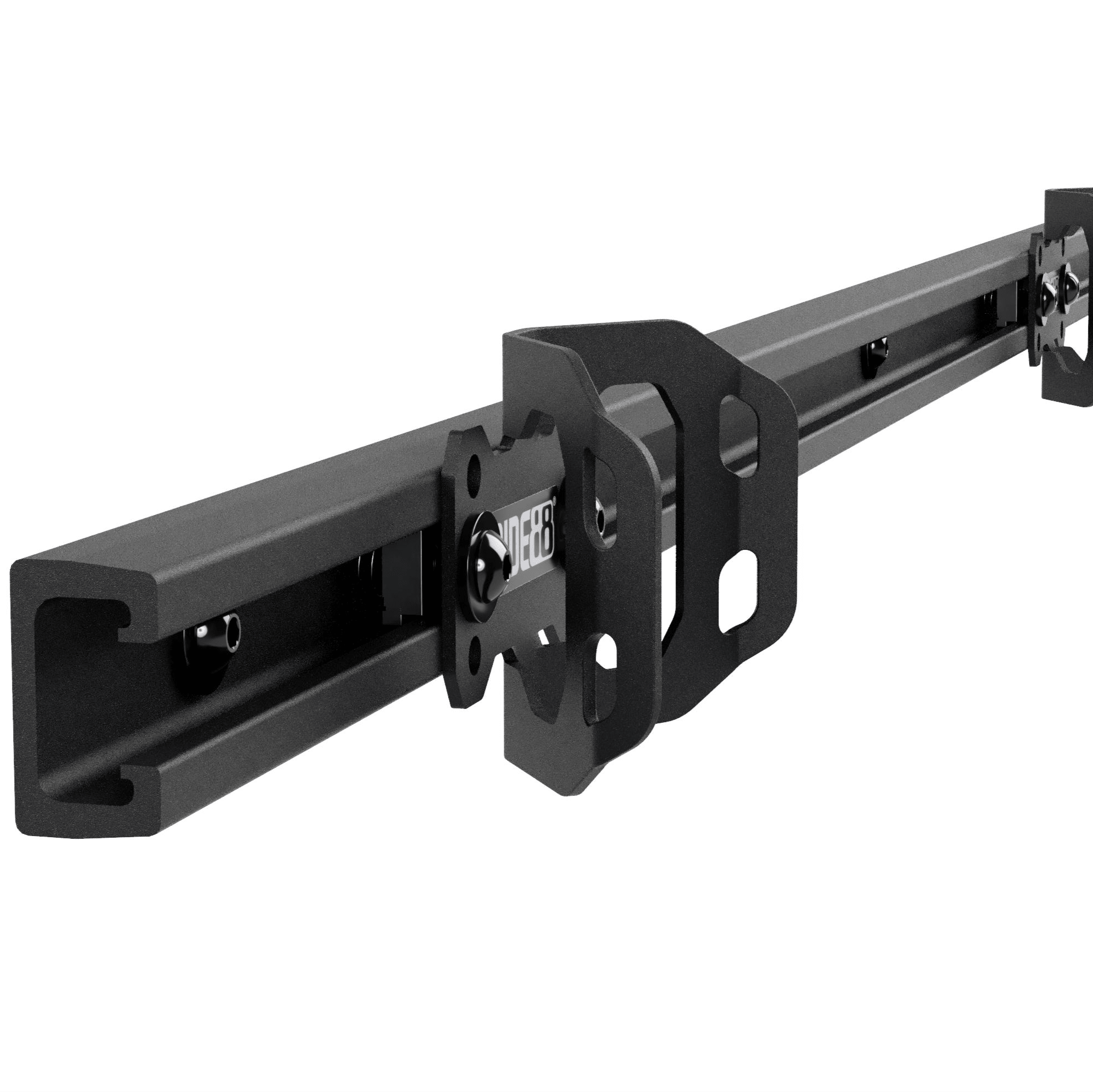 Two RIDE88 Wheel Chocks mounted to a utility track for mounting bikes to a truck bed.